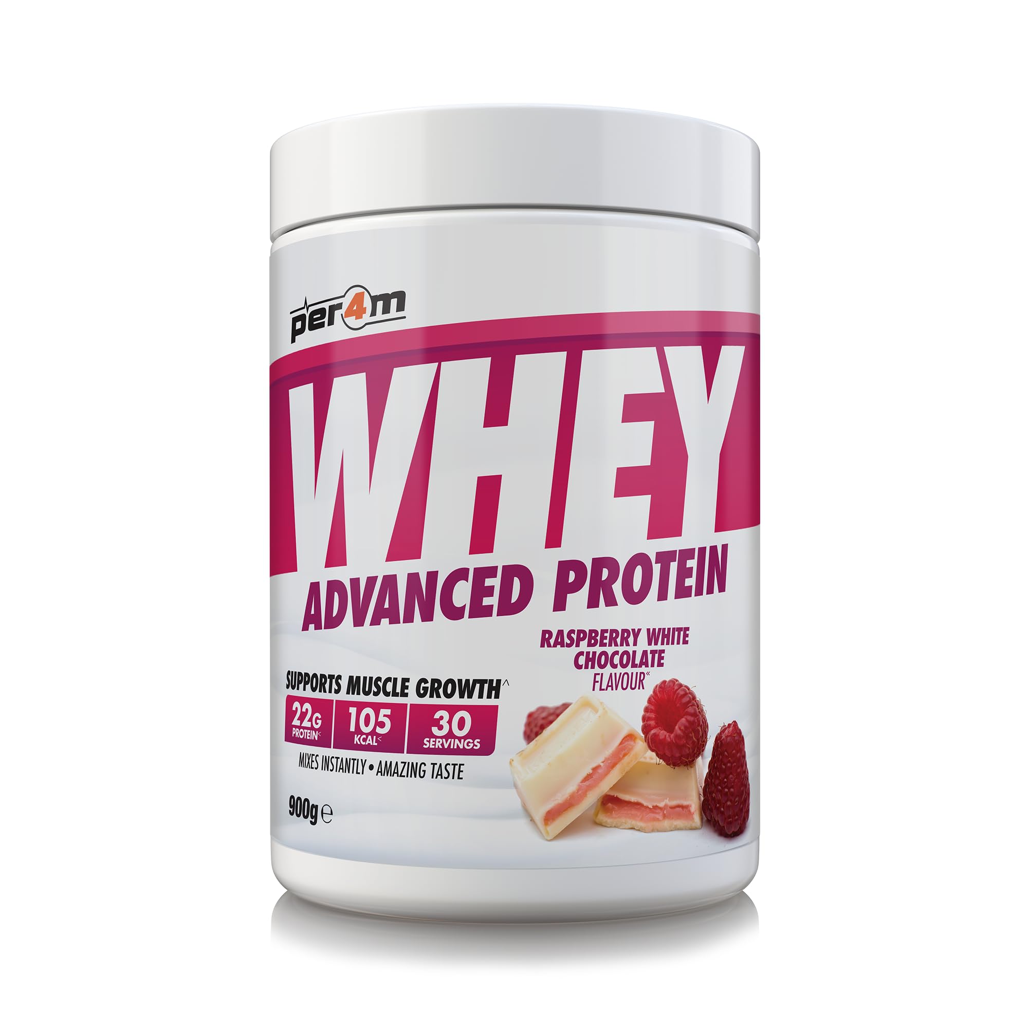 Per4m Whey Protein Powder | High Protein Shake for Muscle Growth & Recovery | Low Sugar Gym Supplement | Sports Nutrition Drink + Amino Acids (900g, Raspberry White Chocolate)