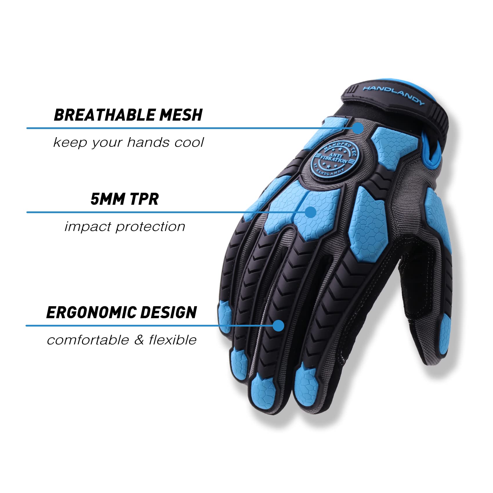 HANDLANDY Anti Vibration Gloves Men Impact Resistant Work Gloves, Padded Palm Grip Heavy Duty Working Gloves (Blue, M) - Image 3