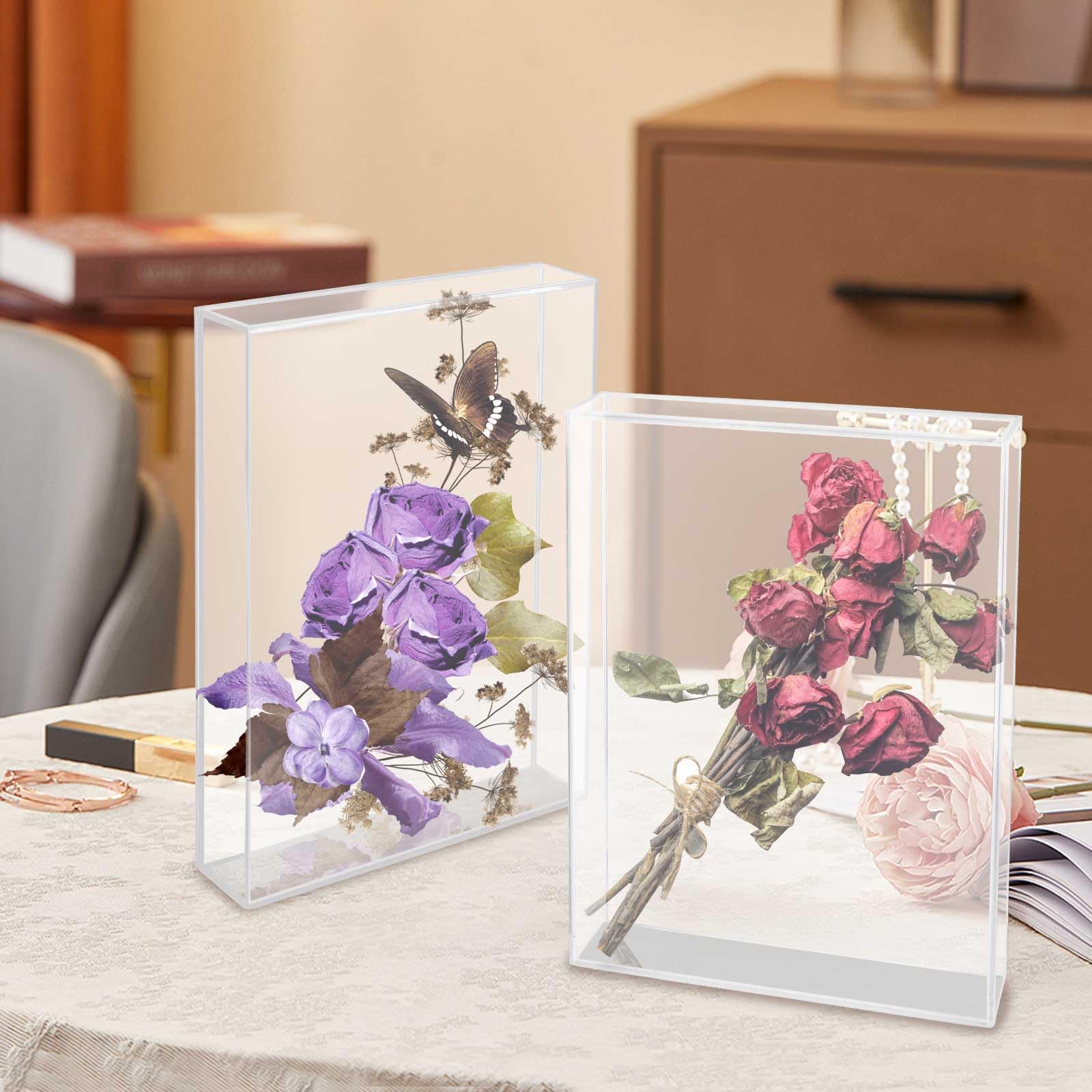 Qivine 2PCS Cornice 3D Profonda Teca Espositiva in Acrilico Trasparente Cornici per Quadri con Coperchio Scorrevole Senza Installazione per Fiore Regali Souvenir 21x16x3.9cm