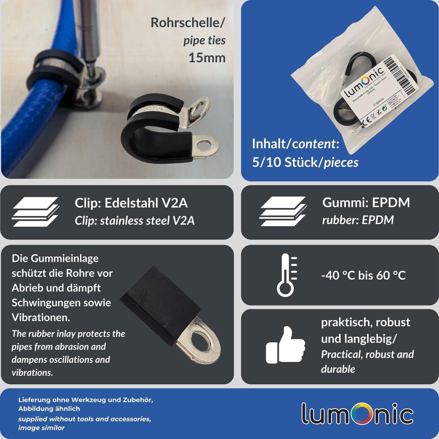 Lumonic 5x abrazaderas de tubo 15mm con inserto de goma acero inoxidable V2A I abrazaderas de cable para atornillar I abrazadera de manguera 15mm, abr