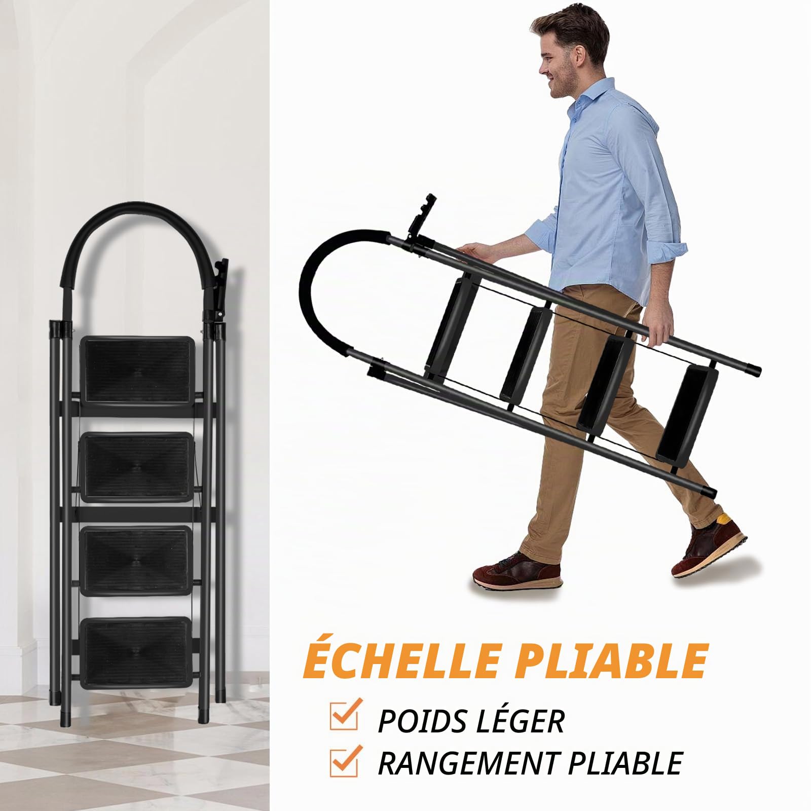 Escabeau Pliable en Acier, Marchepied Antidérapant 4 Marches, Escabeau Stable et Compact pour Maison, Cuisine et Bureau(Noir)