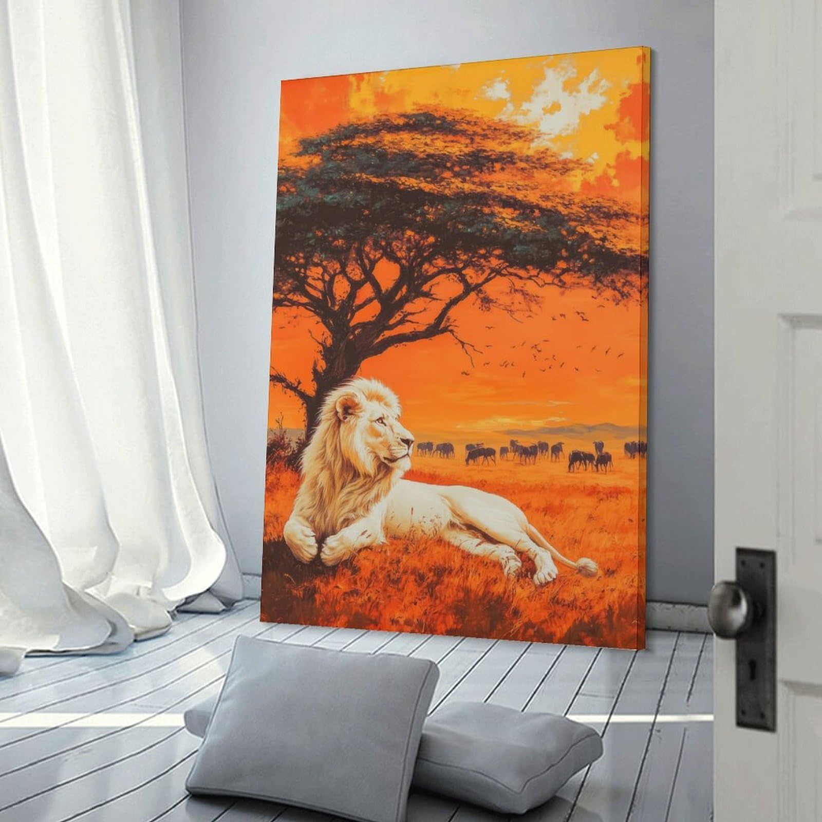 Junmoney Frame-Style-13 Decorative Wall Artwork White Lion Sunset, 08X12inch(20X30cm), For New Homes, Bedrooms Or Workspaces, Canvas Artwork With Gifting Potential