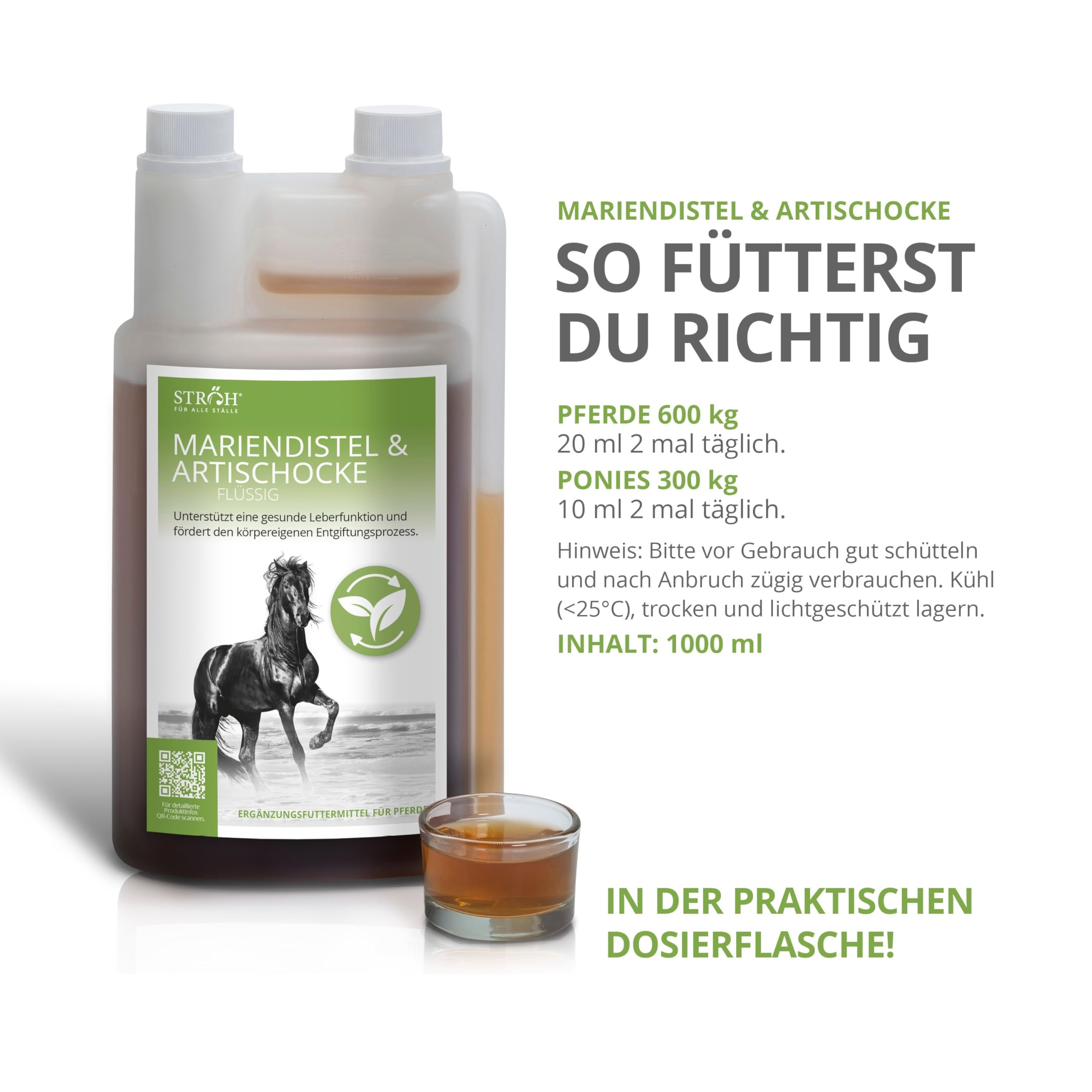 STRÖH Mariendistel & Artischocke flüssig für Pferde - Leber Detox Kur - 1L | Stoffwechsel & Leber - Natürliche Kräuter - Ohne Zusatzstoffe - Hohe Akzeptanz - Leicht zu dosieren - Made in Germany