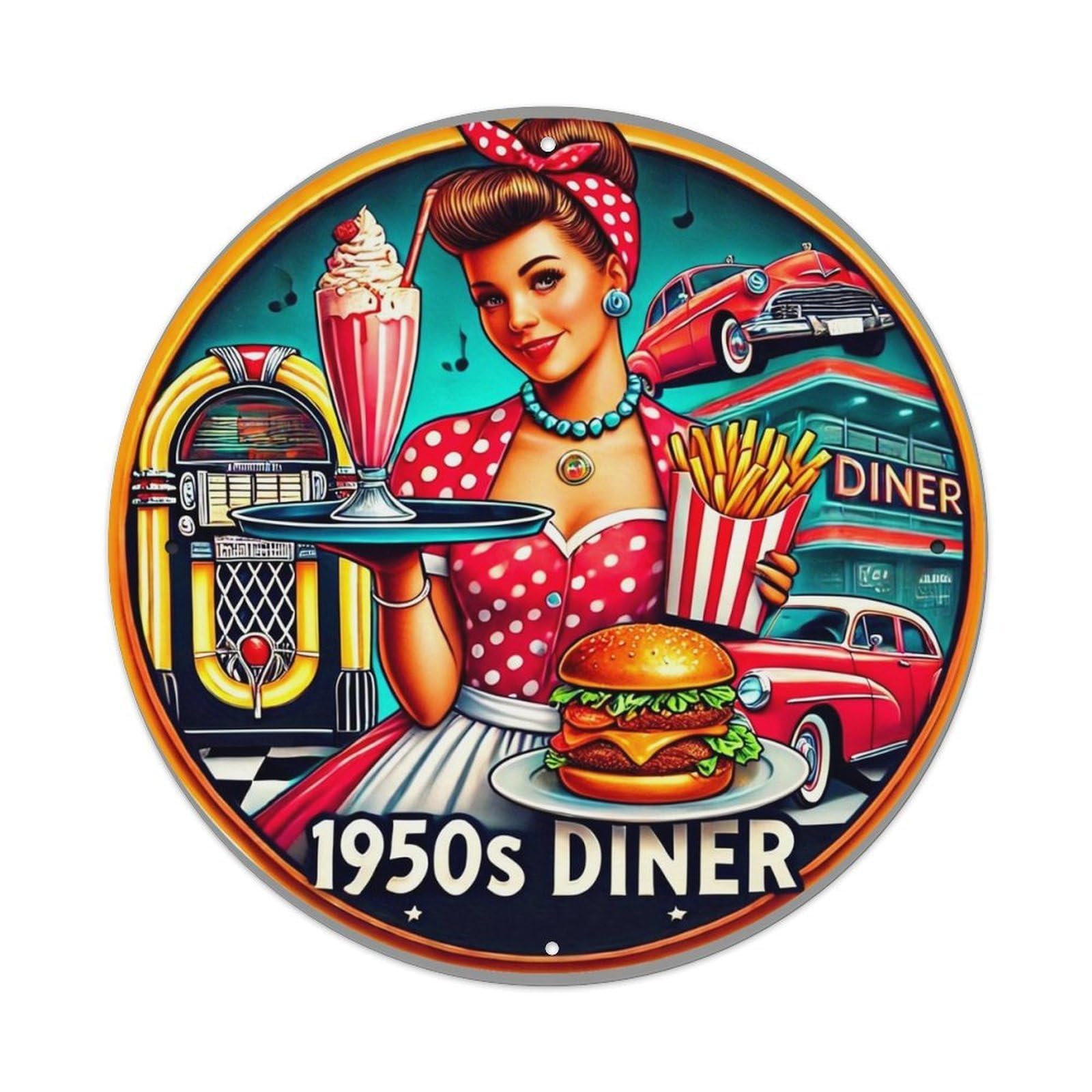 Retro Diner Waitress Serving Food Vintage Metal Tin Sign Retro Wall Decor for Home Bar Garage Cafe, Indoor & Outdoor Decorative，circle Metal Poster, 8x8 Inch