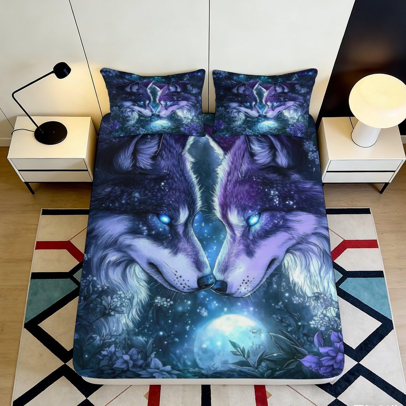 3D Printed Mystic Wolf Fitted Sheet Microfiber Soft Breathable Moonlight Bed Cover for Bedroom Dormitory Guest Room Mattress Protection Decor 160x200x25cm
