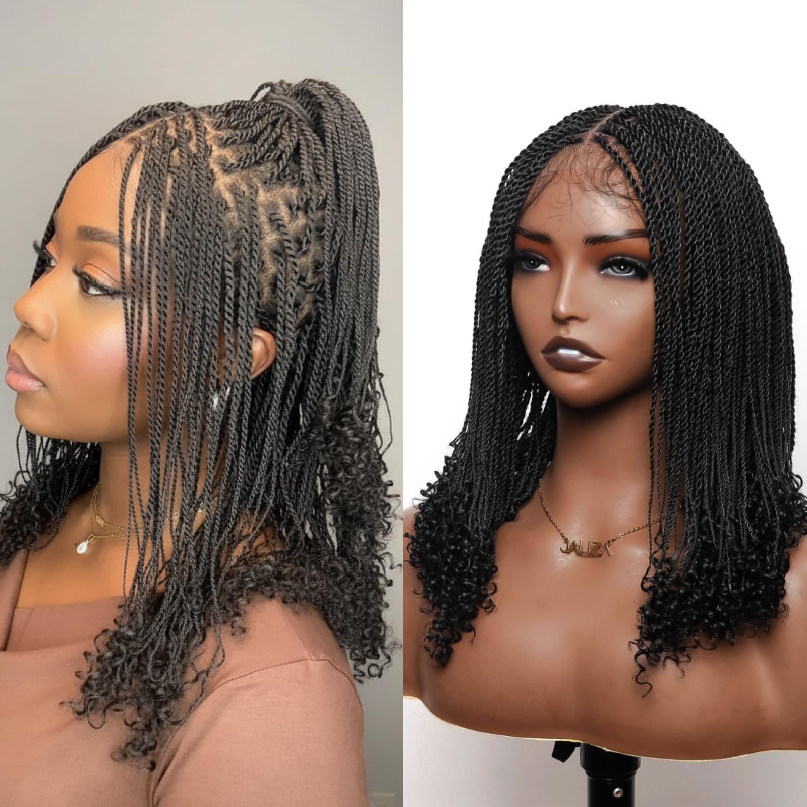 JALIZA Senegalese Mini Twist Braided Wig with Curly Ends for Black Women - Soft Lace Full Hand-tied 289 Strands - 14 inches, Black 1B