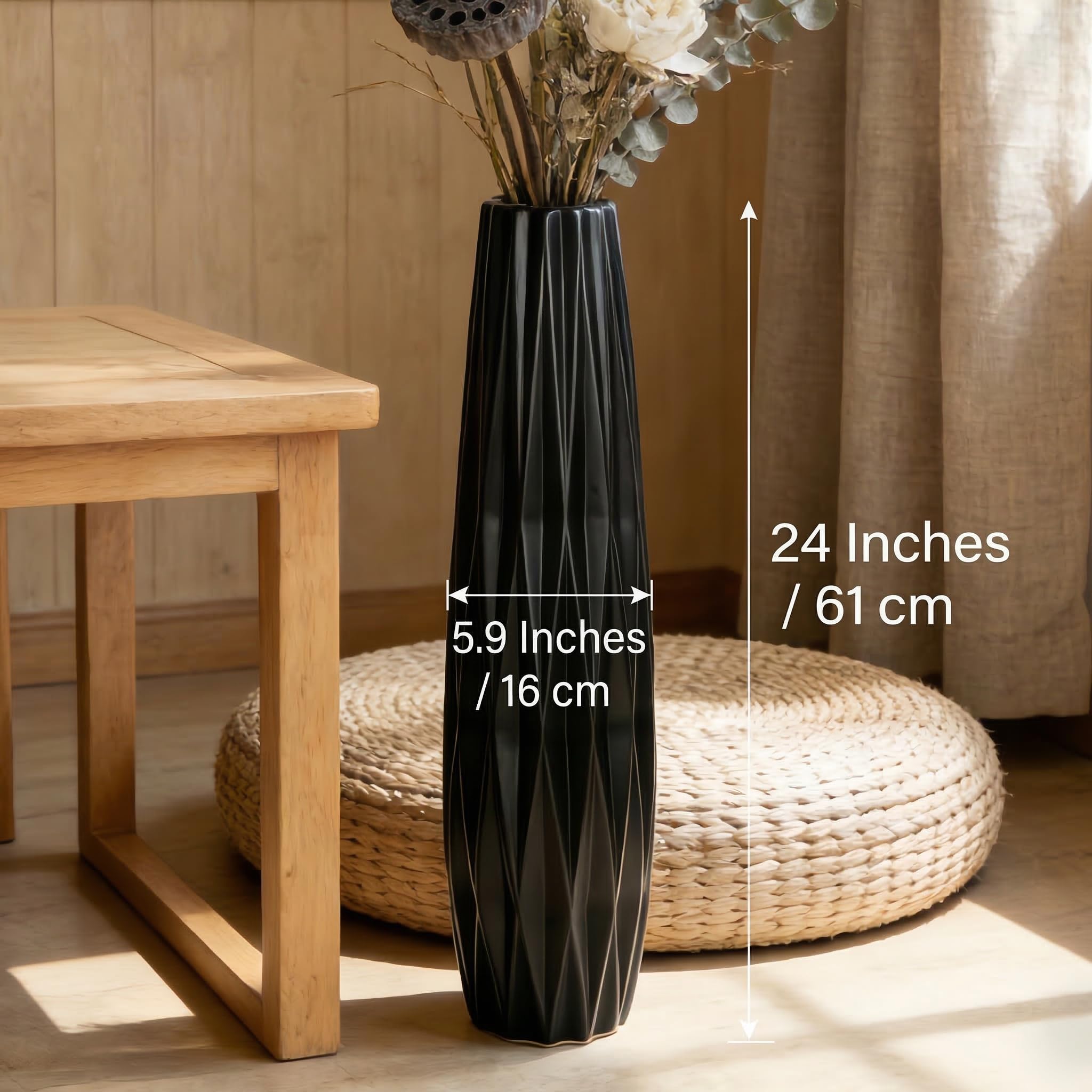 Moderne 60CM Schwarze Keramik Bodenvase,Hoch,24" Dekorative Vase für Pampasgras,Blumen und Trockenblumen,Ideal für Wohnzimmer und Büro