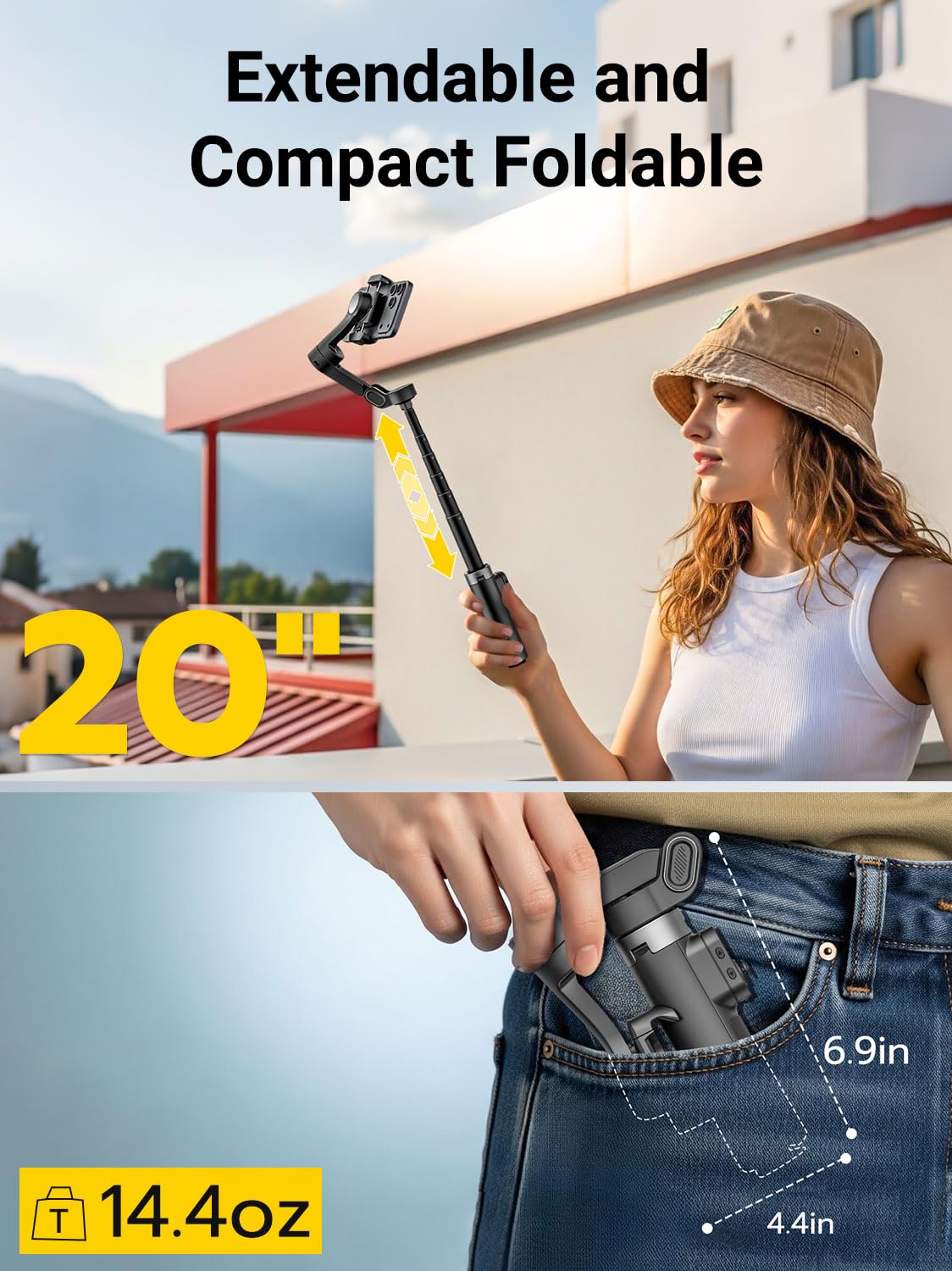 AOCHUAN Estabilizador de cardán de rotación panorámica de 360° para iPhone, control remoto magnético, estabilizador de 3 ejes con barra de extensión integrada y trípode abierto de un solo toque
