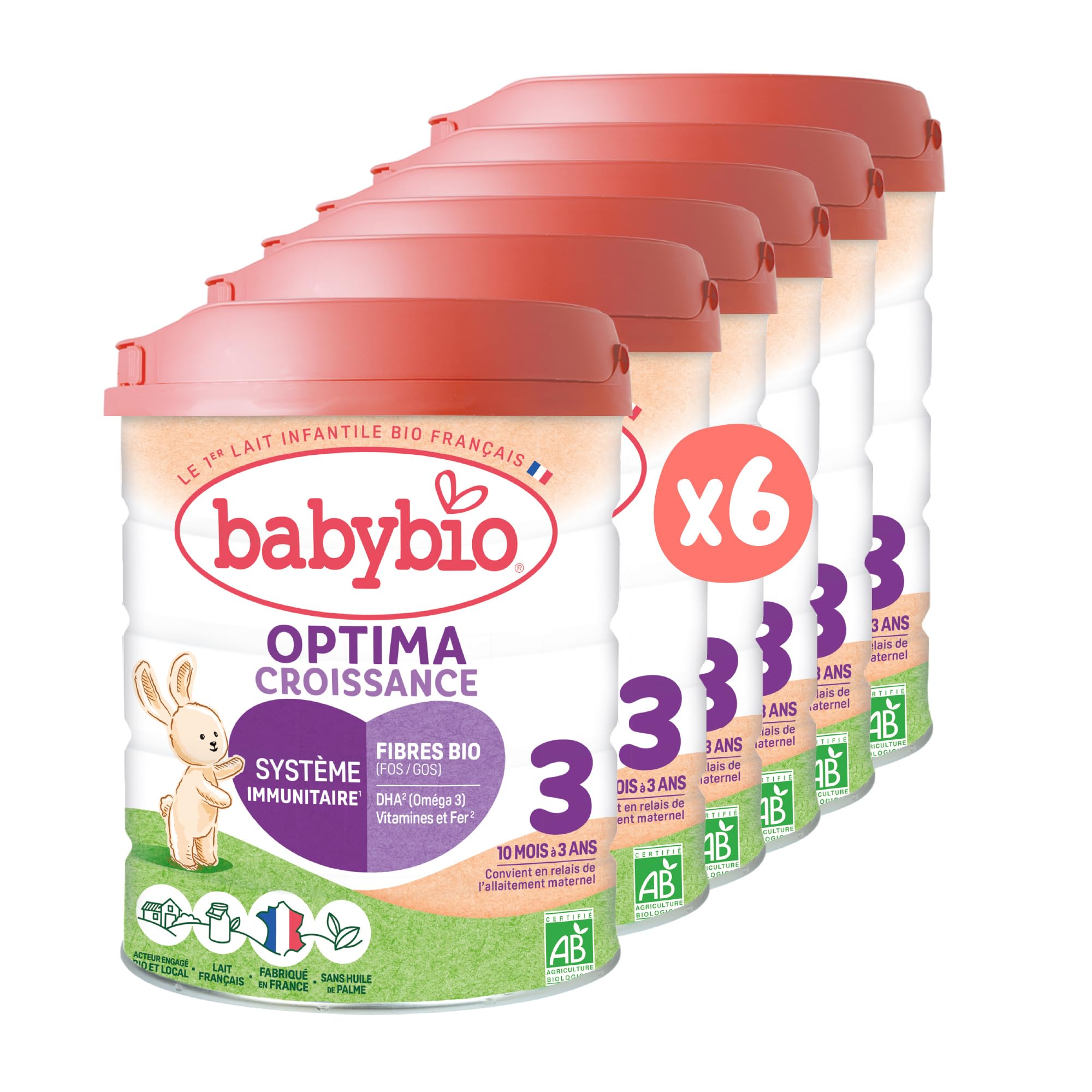 Babybio - Lait Infantile - Optima 3ème Âge avec Fibres - 800g - dès 10 Mois - BIO - Fabriqué en France - Sans Huile de Palme - Lot de 6
