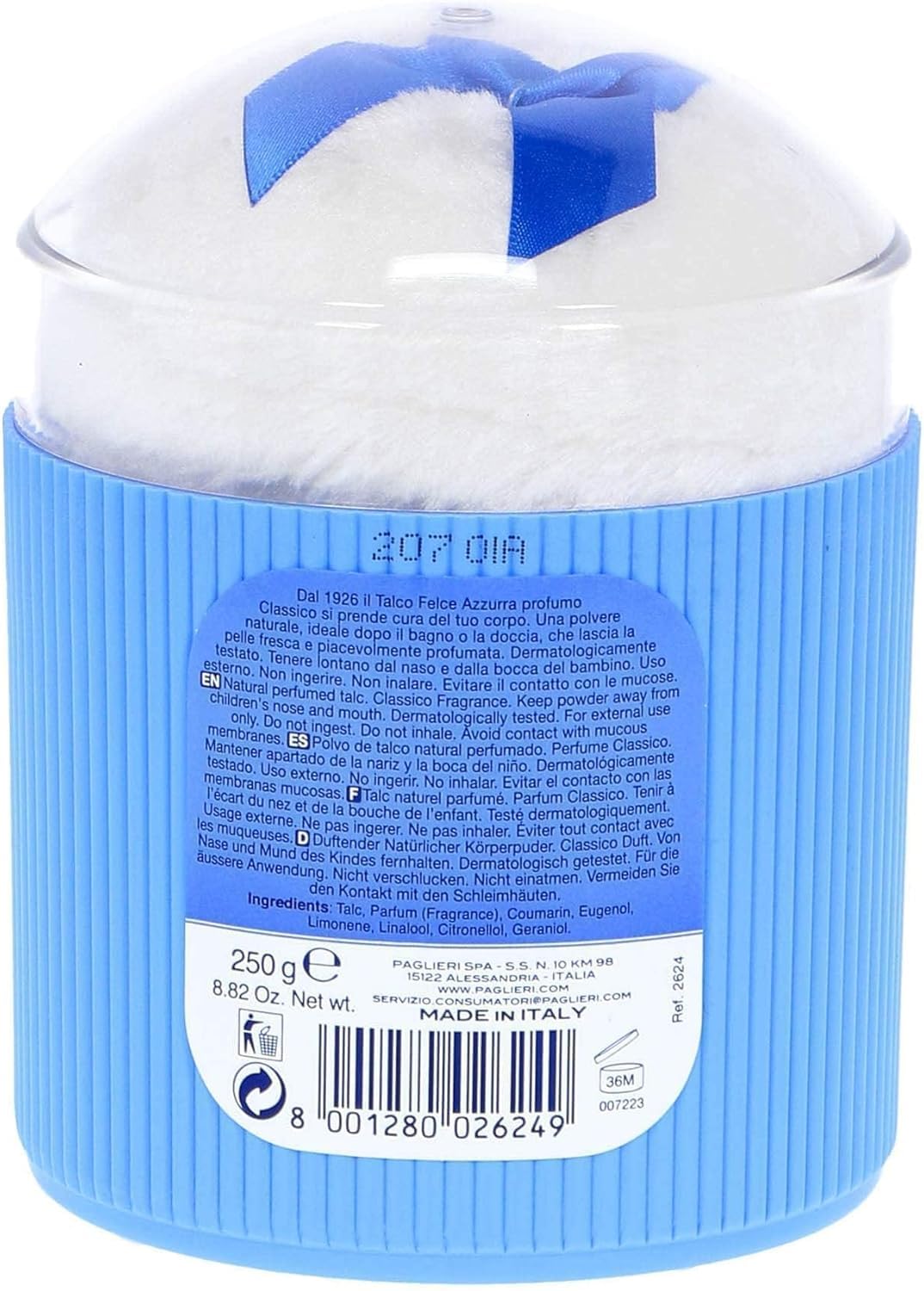 Felce Azzurra Paglieri - Polvo corporal con borla, talco Classico con Piumino, talco clásico con esponja, 12 x 250 g + Polpa italiana Gourmet 400 g