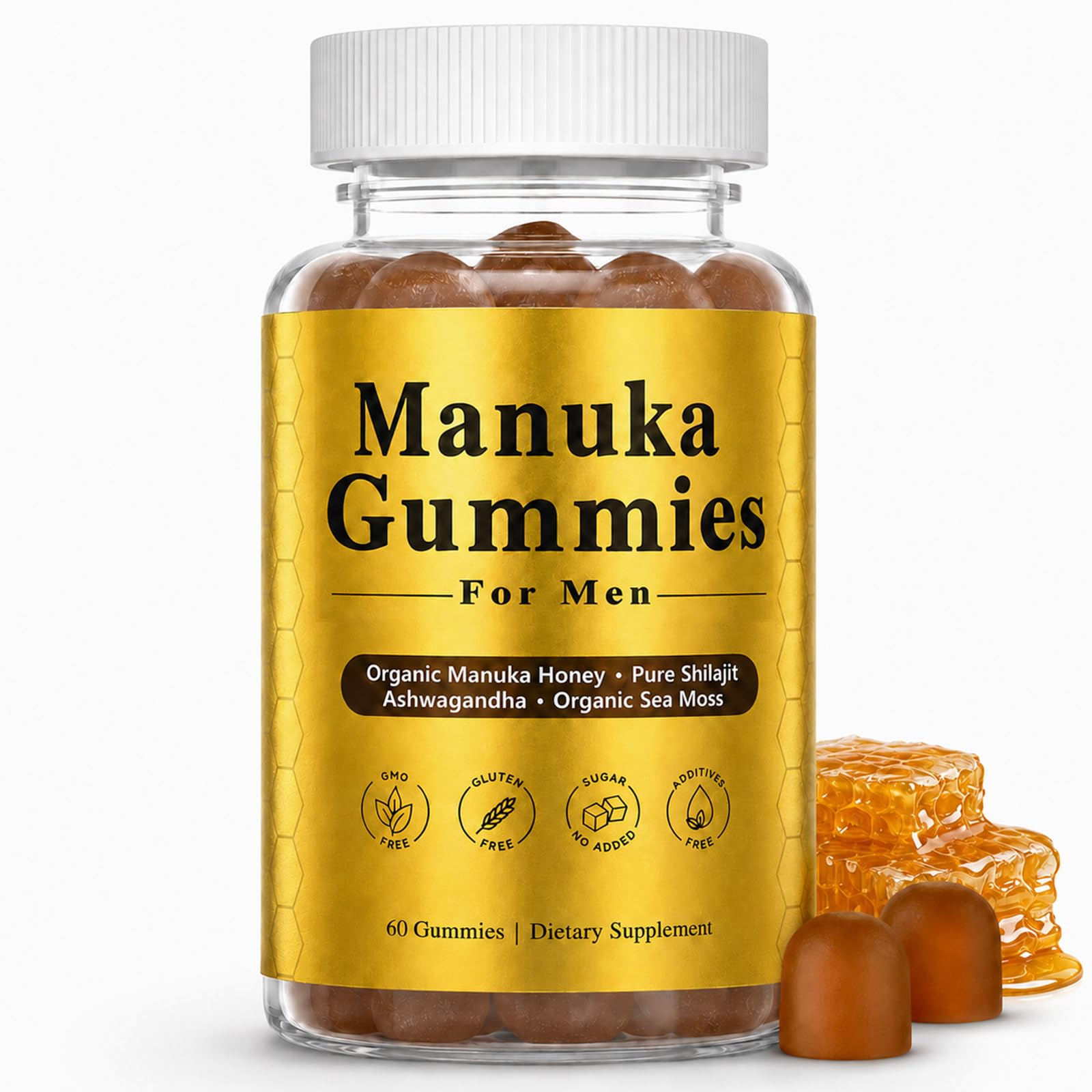 Manuka Honey for Men, with Shilajit, Ashwagandha, Sea Moss, Non-GMO, 60 Gummies (1)
