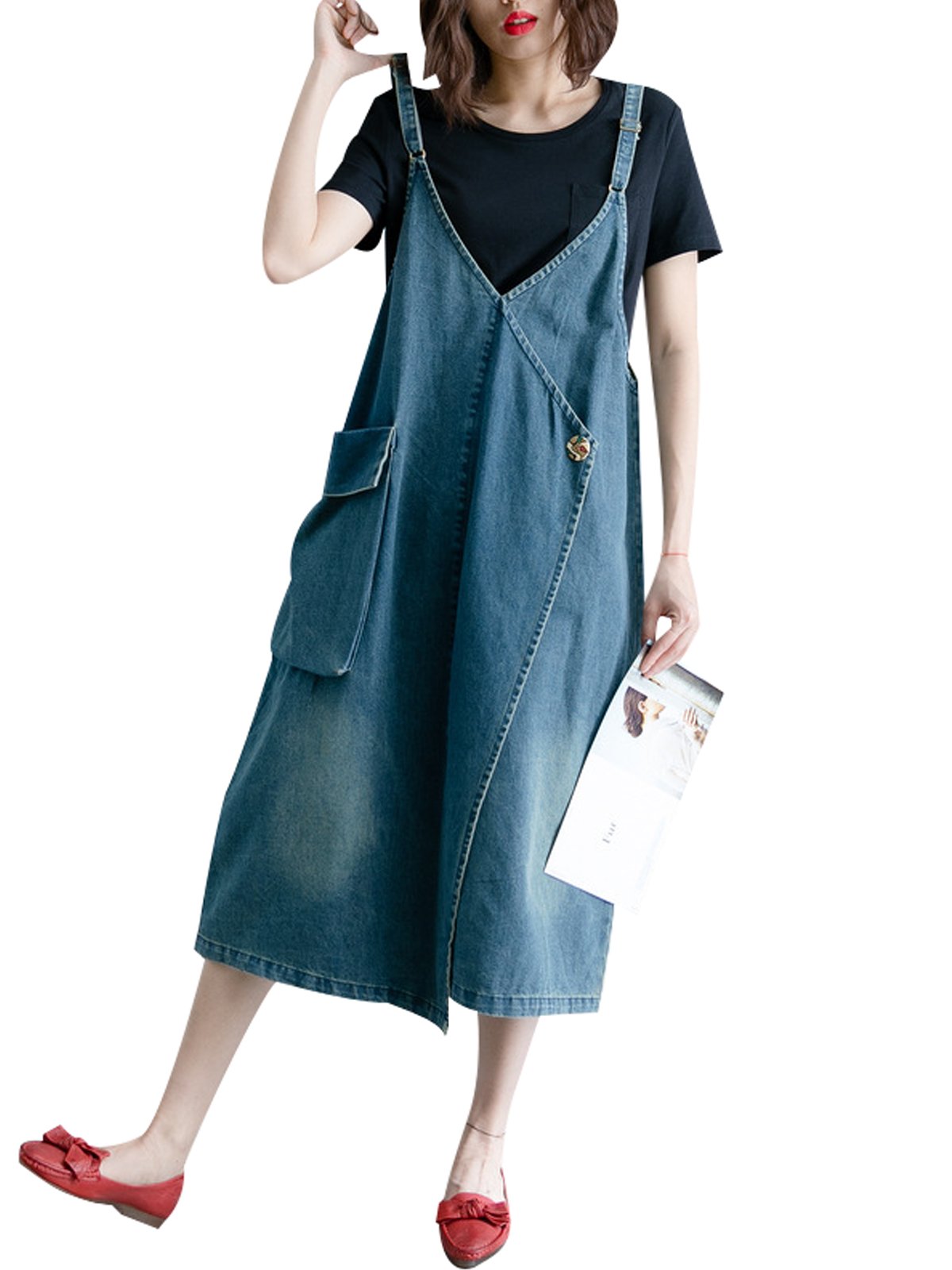 Mujeres Verano Grandes Bolsillos Vestidos de Jeans Vestido de Denim