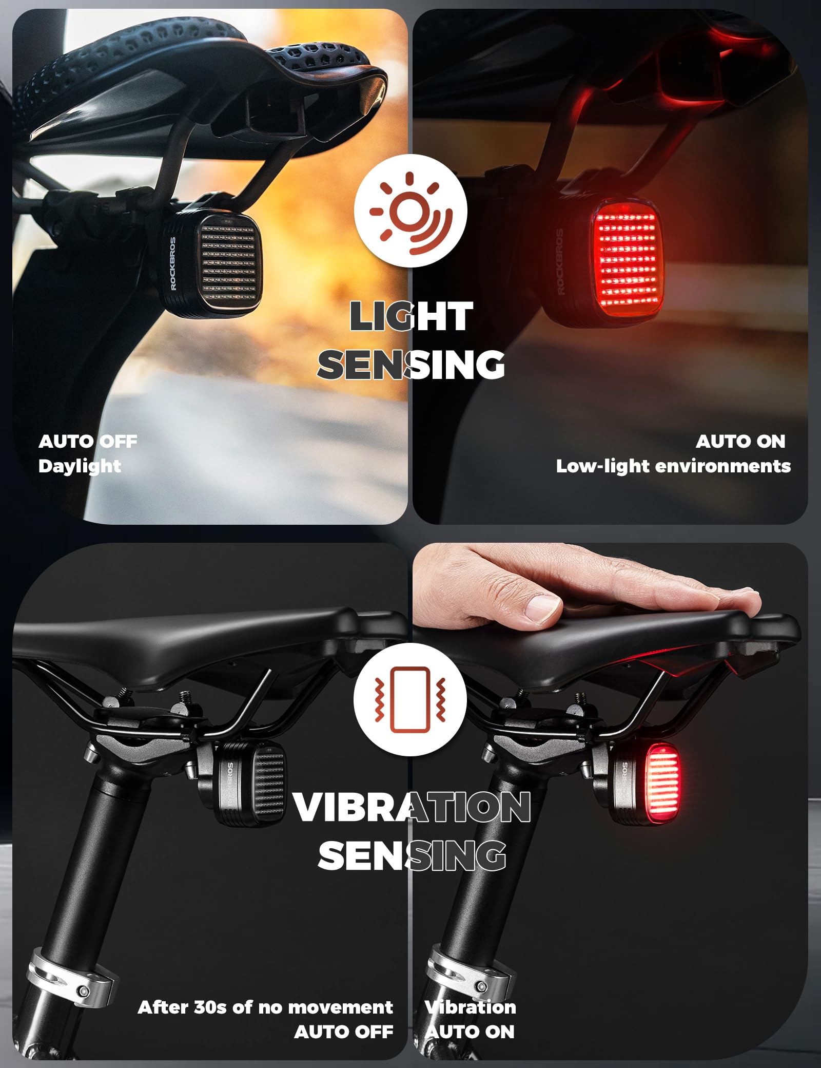 ROCKBROS Feu Arrière de Vélo avec Détection de Freinage, Lampe Arrière Rechargeable USB Étanche IPX6, Autonomie Longue Durée, 12 Modes Clignotants, Accessoire de Sécurité pour Cyclisme
