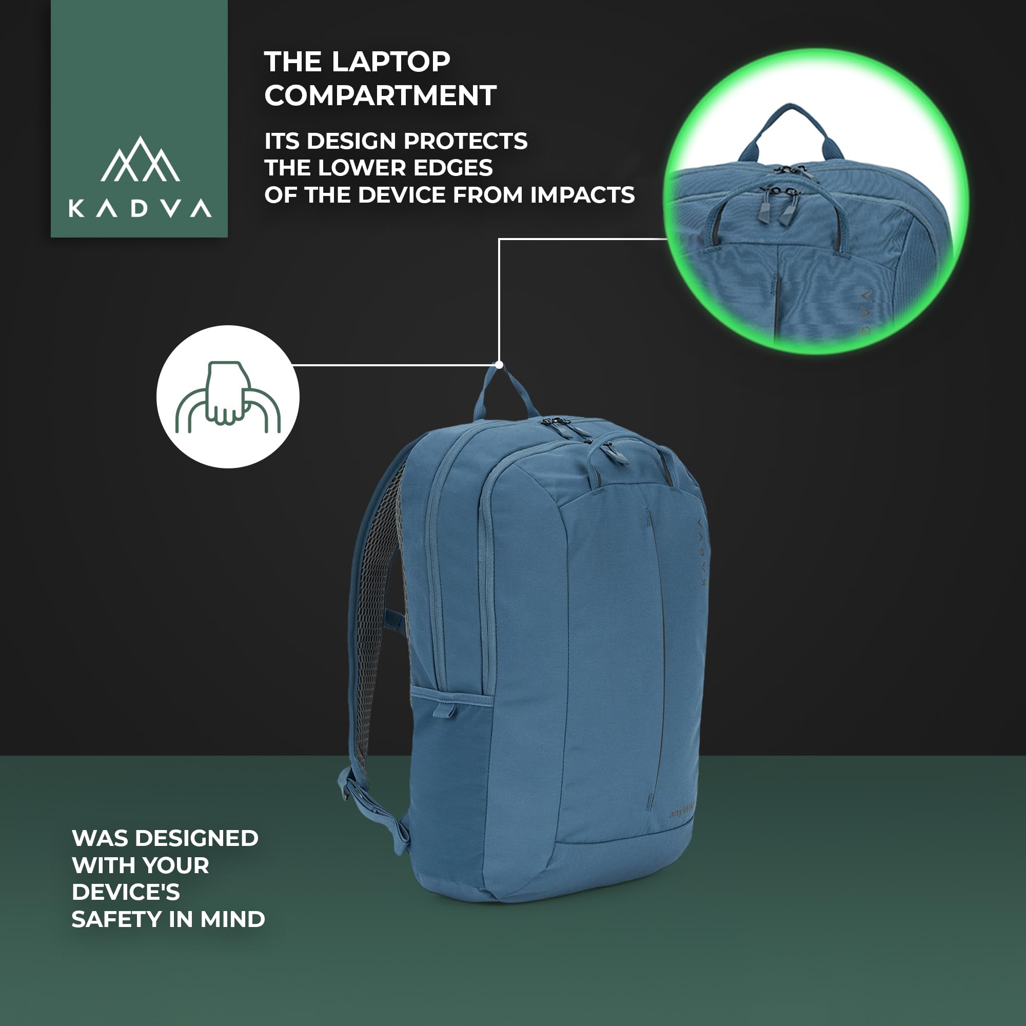 KADVA anyWAY 25 l - hybrydowy plecak miejski/krótki wypad - 25 × 40 × 15 cm - 2 uchwyty (poziomo/pionowe), 2 kieszenie + kieszeń przednia, organizer, laptop 16", pas piersiowy, odblaskowy | Poliester, regulowane dopasowanie