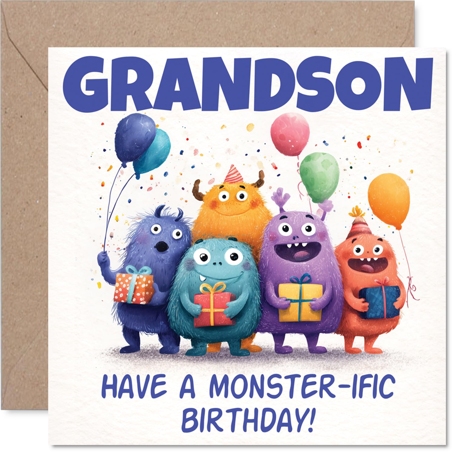 Playful Birthday Card for Grandson - Monster-sized Birthday Cheer - Colourful Cartoon Monsters in Party Mode - Sure to Make Him Giggle - 145mm Square, Envelope Included