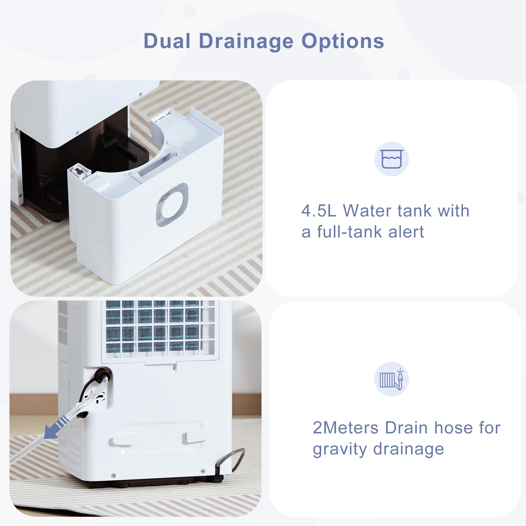 Katenpo Deumidificatore Professionale Grandi Ambienti: 65L/24h Deumidificatori Portatili Smart Timer Serbatoio 4.5L Scarico Continuo Silenzioso per Casa/Camera da Letto/Bagno/Cantina/Garage