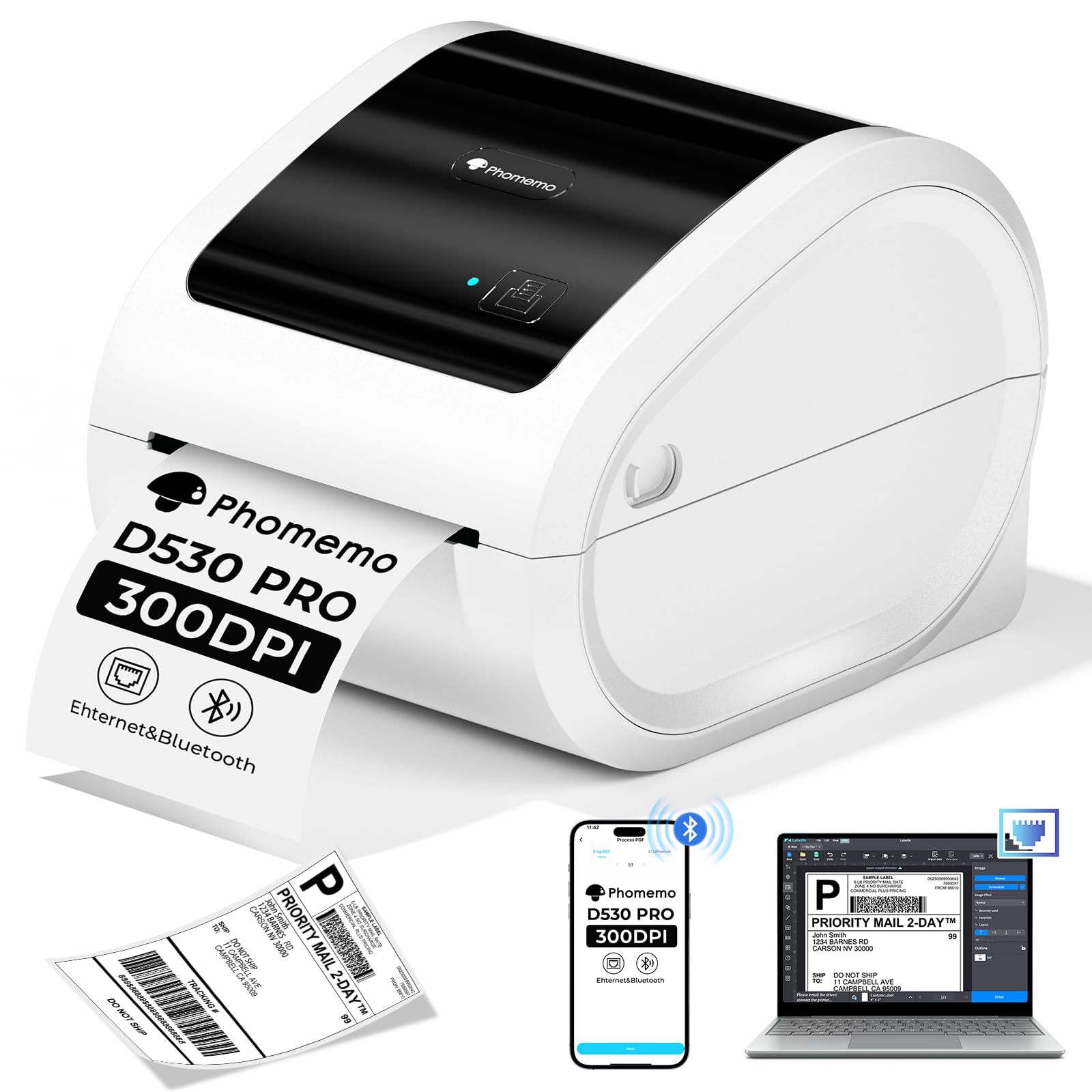 Phomemo Ethernet Stampante Etichette Spedizione, Stampante Termica Etichette da 300dpi per imprese, Supporta Ethernet, Bluetooth e USB, Compatibile con Amazon, Vinted, BRT, UPS, Bianco