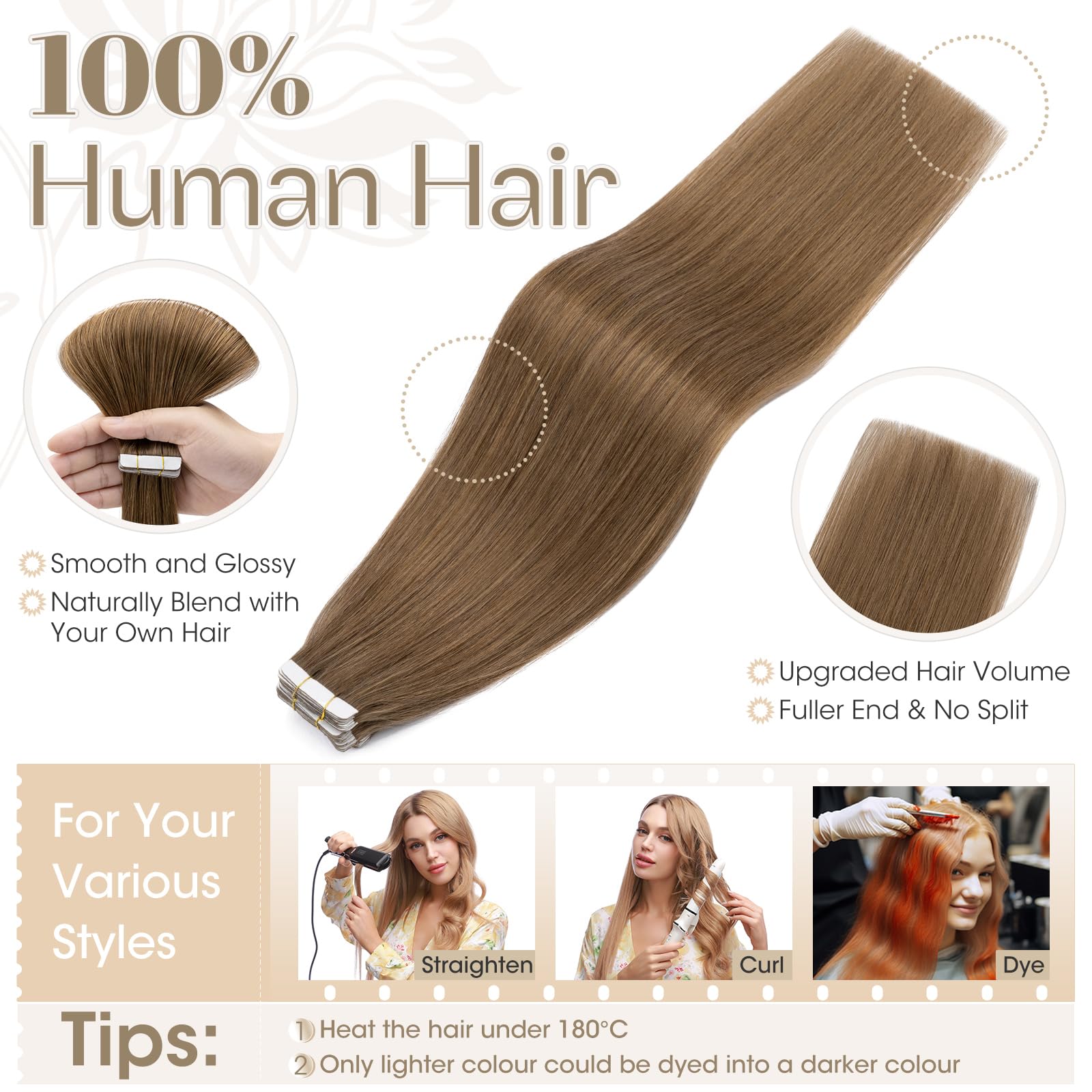 Elailite Tape in Hair Extensions Real Human Hair #6 Light Brown Skin Weft Remy Hair Extensions Straight Long 20 Pcs 24 Inch 50g - Image 4