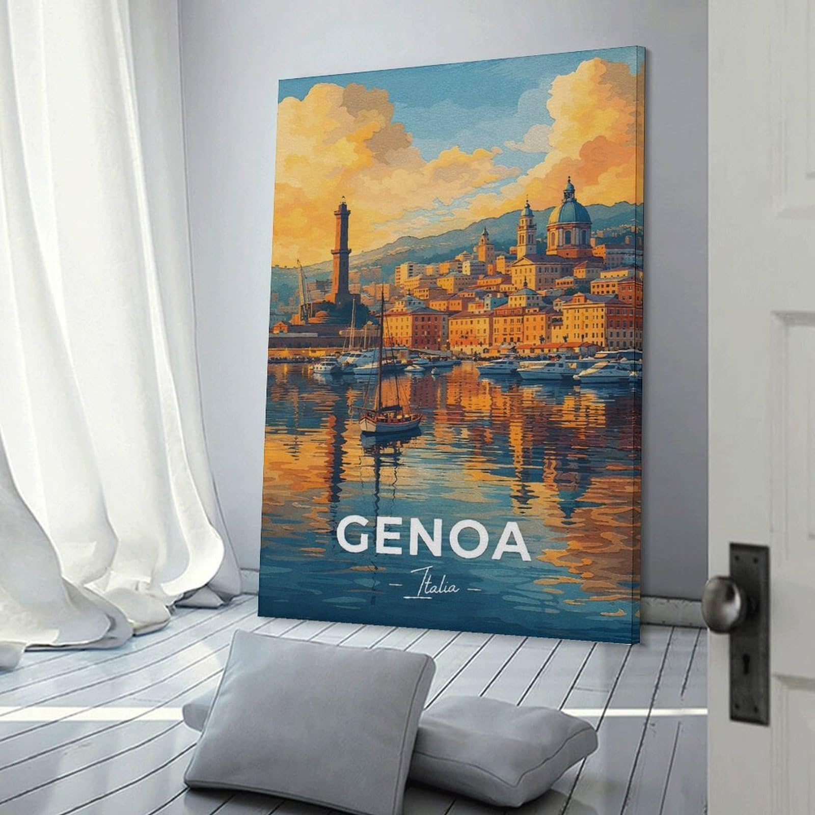Junmoney Frame-Style-11 Room Decor Wall Art Genoa Italia Harbor Painting, 24X36inch(60X90cm), For Office Decor, Home Working Or Creative Rooms, An Interior Accent For Desk Areas