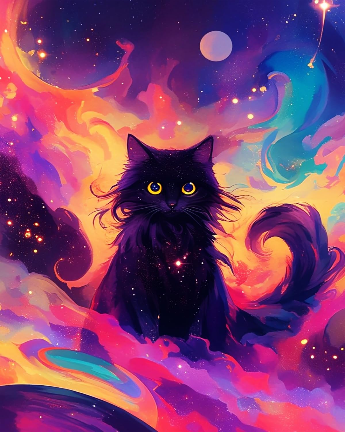 Liubaishi Black Paint By Numbers For Adults, Nebula Cat, 40X50 Cm Acrylic Canvas Kit With 3 Brushes