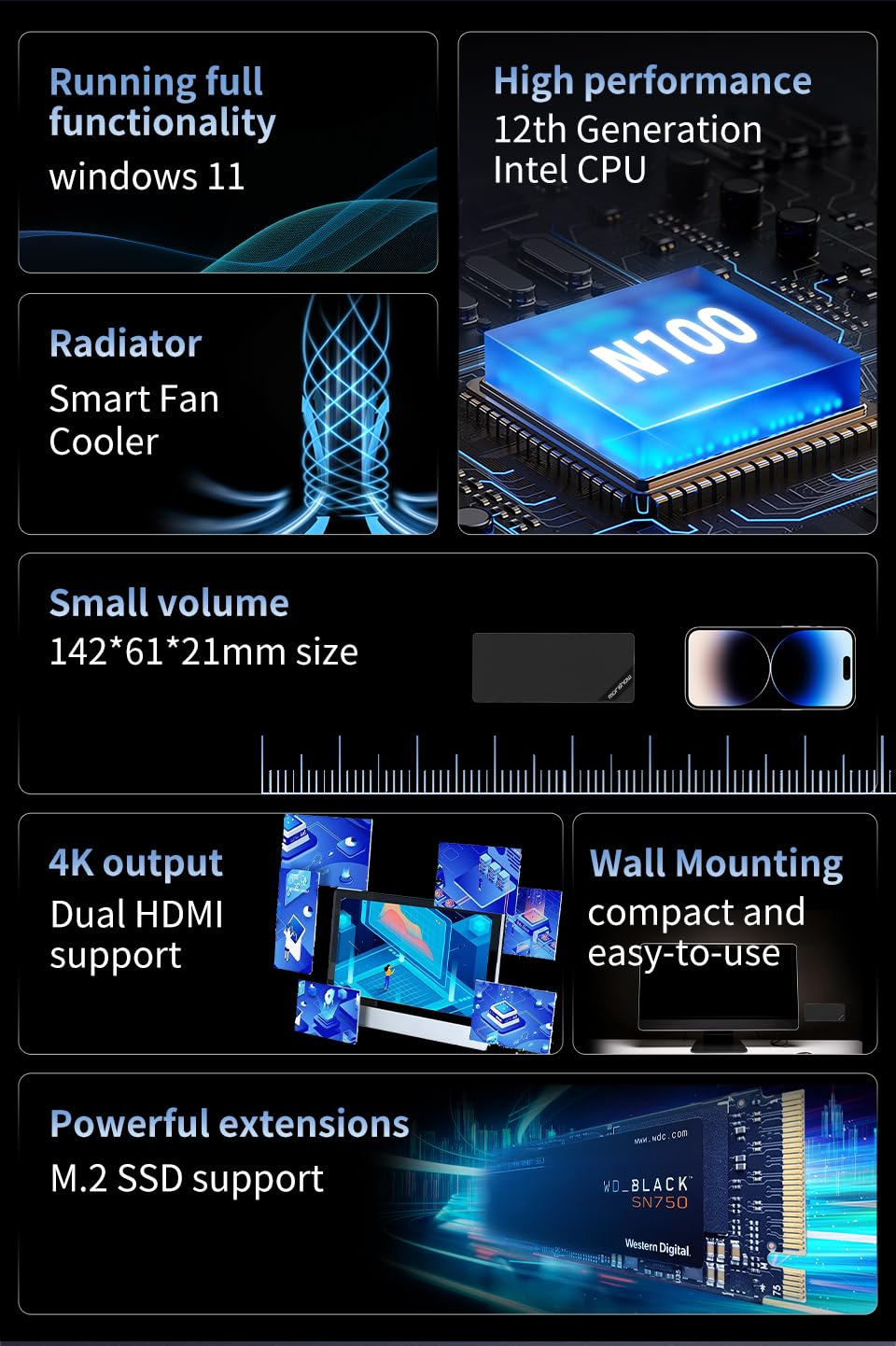 youyeetoo BY52 Mini Pc, In-tel N100 CPU -12th Gen Alder Lake - fino a 3,4 GHz, 12/16 GB LPDDR5 RAM, 256 GB - 1 GB NVMe, Mini PC da gioco, con doppio HDMI 2.0 4K, Office/HTPC (16 GB + 512 GB SSD)