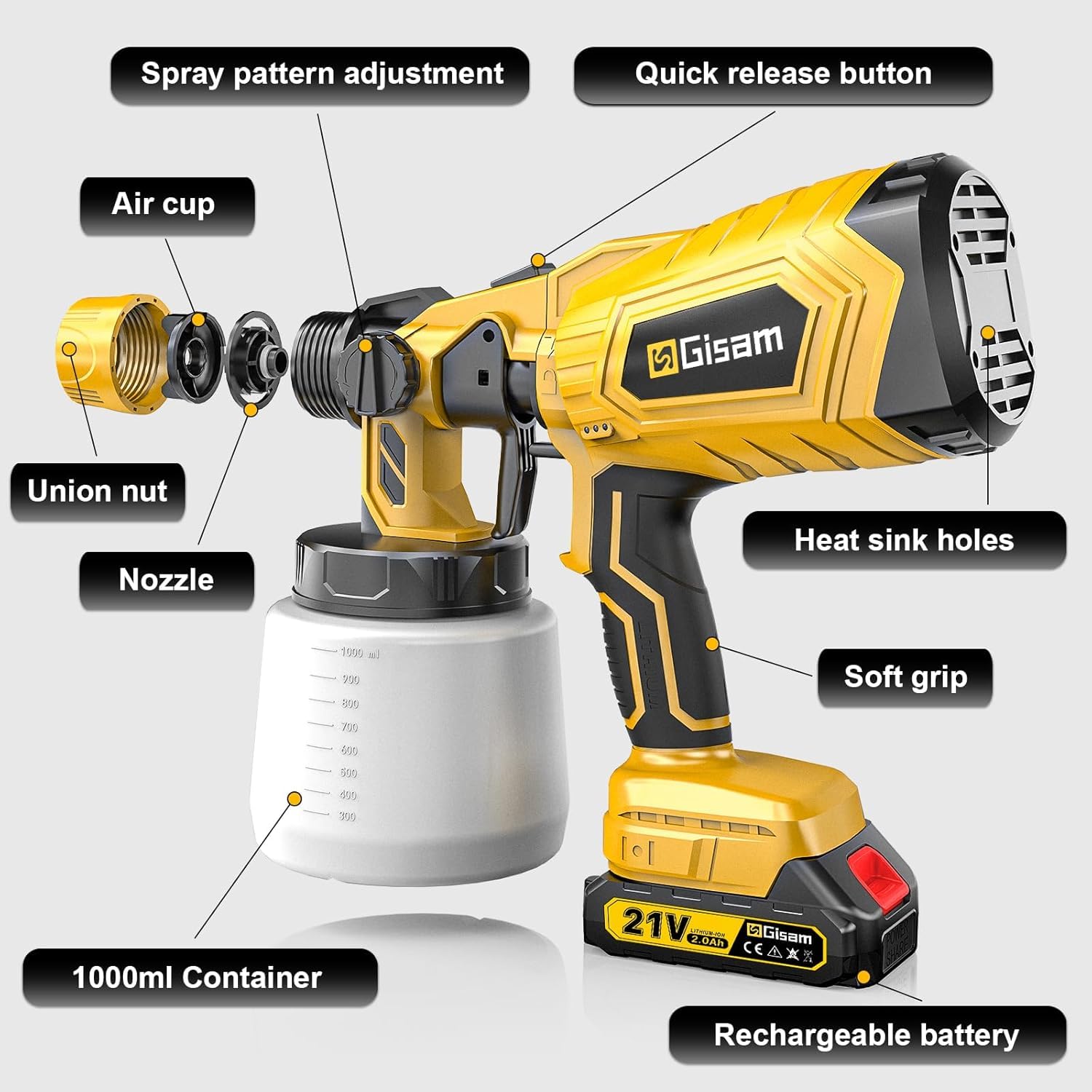 Gisam Pistolet a Peinture sans Fil, Pistolet Peinture Electrique avec 2 x 2Ah Batterie, 4 Buses & Réservoir de 1000ml pour Peinture Murale Intérieure & Extérieure (2-avec 2 Batterie)