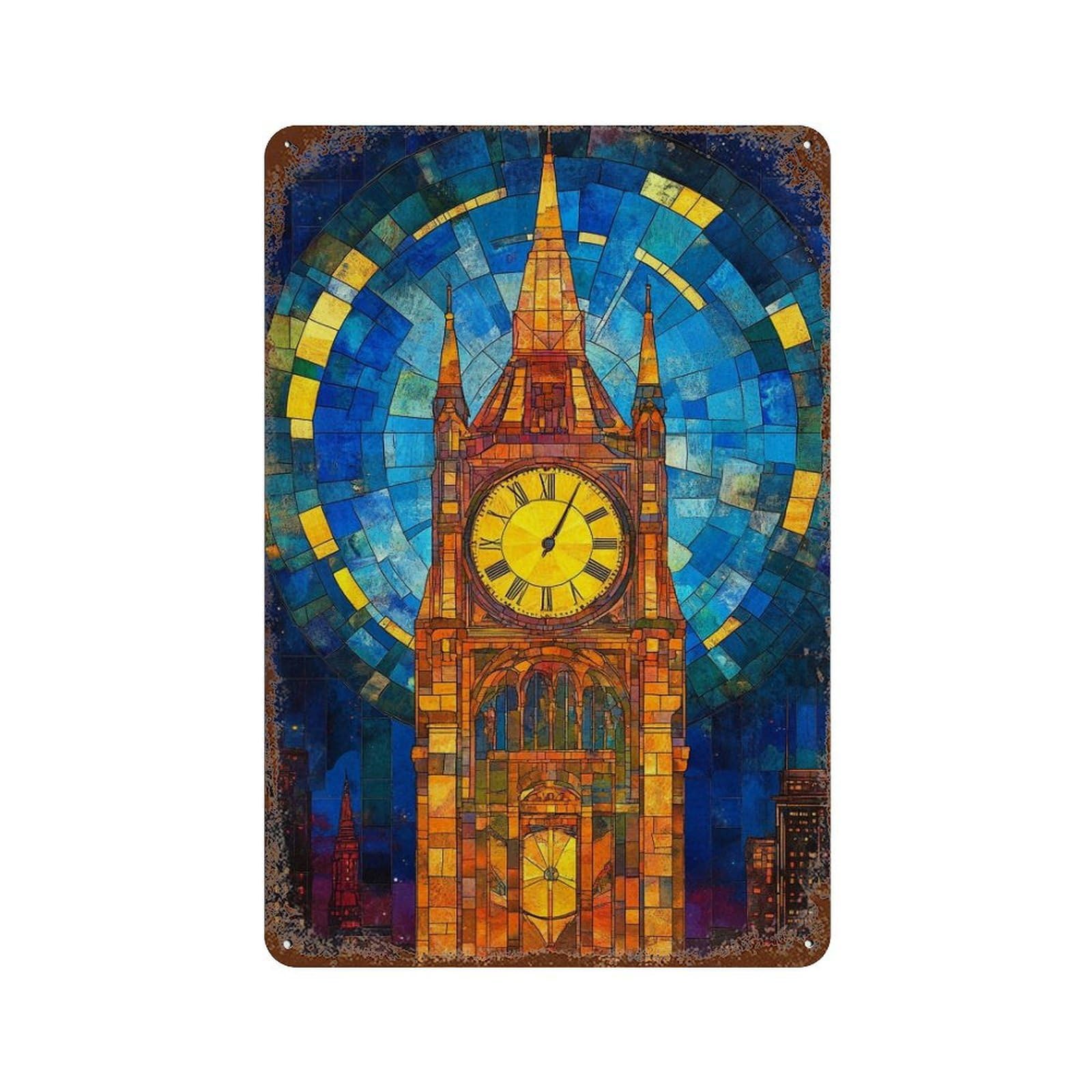 Stained Glass Clock Tower Art Print Retro Metal Sign 11.8"x7.9", Novelty Wall Decor for Garage, Pub Or Kitchen