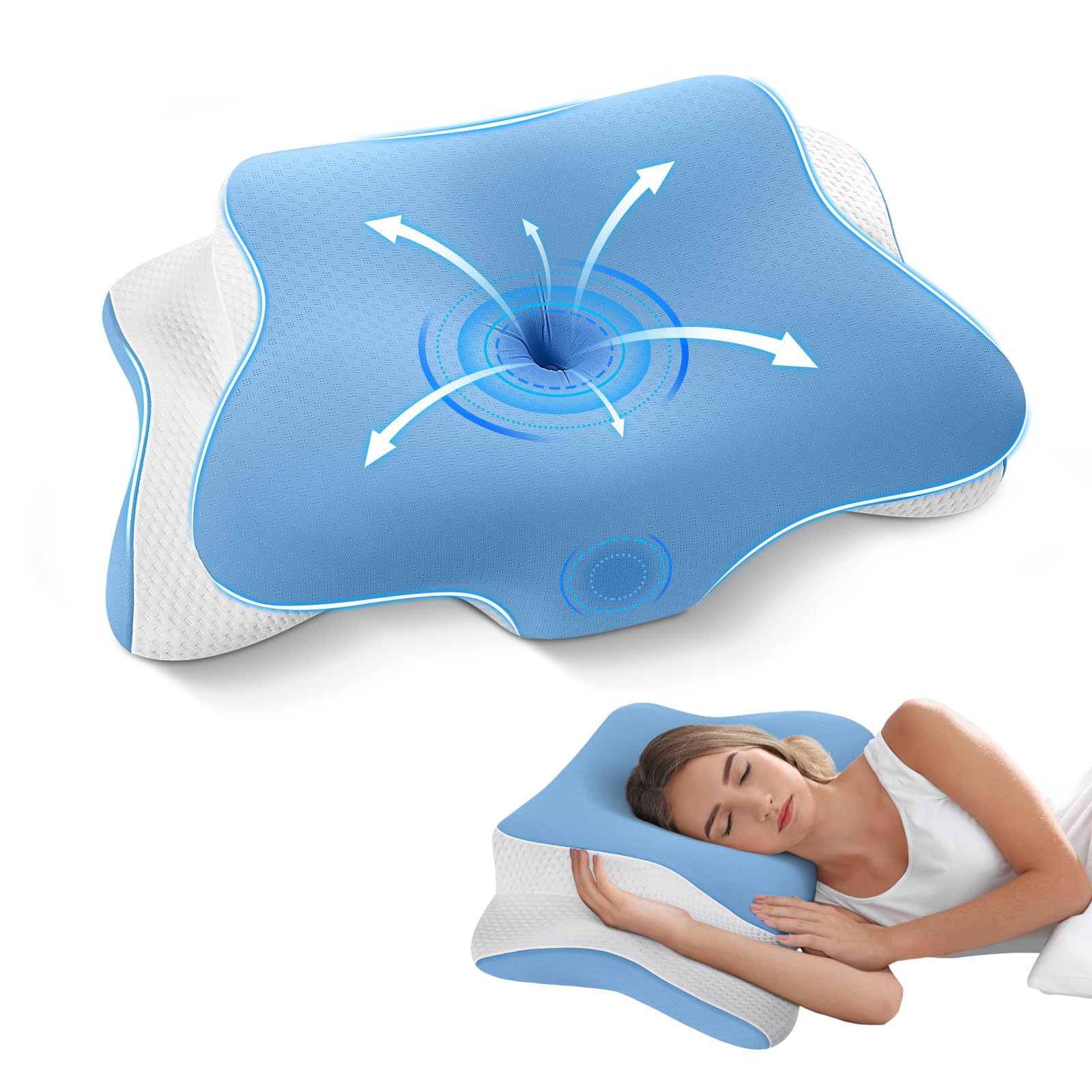 A-Pce Memory Foam Pillow, Orthopedic Ergonomic Pillow for Neck and Shoulder Pain, Cervical Neck Support for Back, Stomach and Side Sleepers, Cooling Pillows with Washable Ice Silk Pillowcase, Indigo