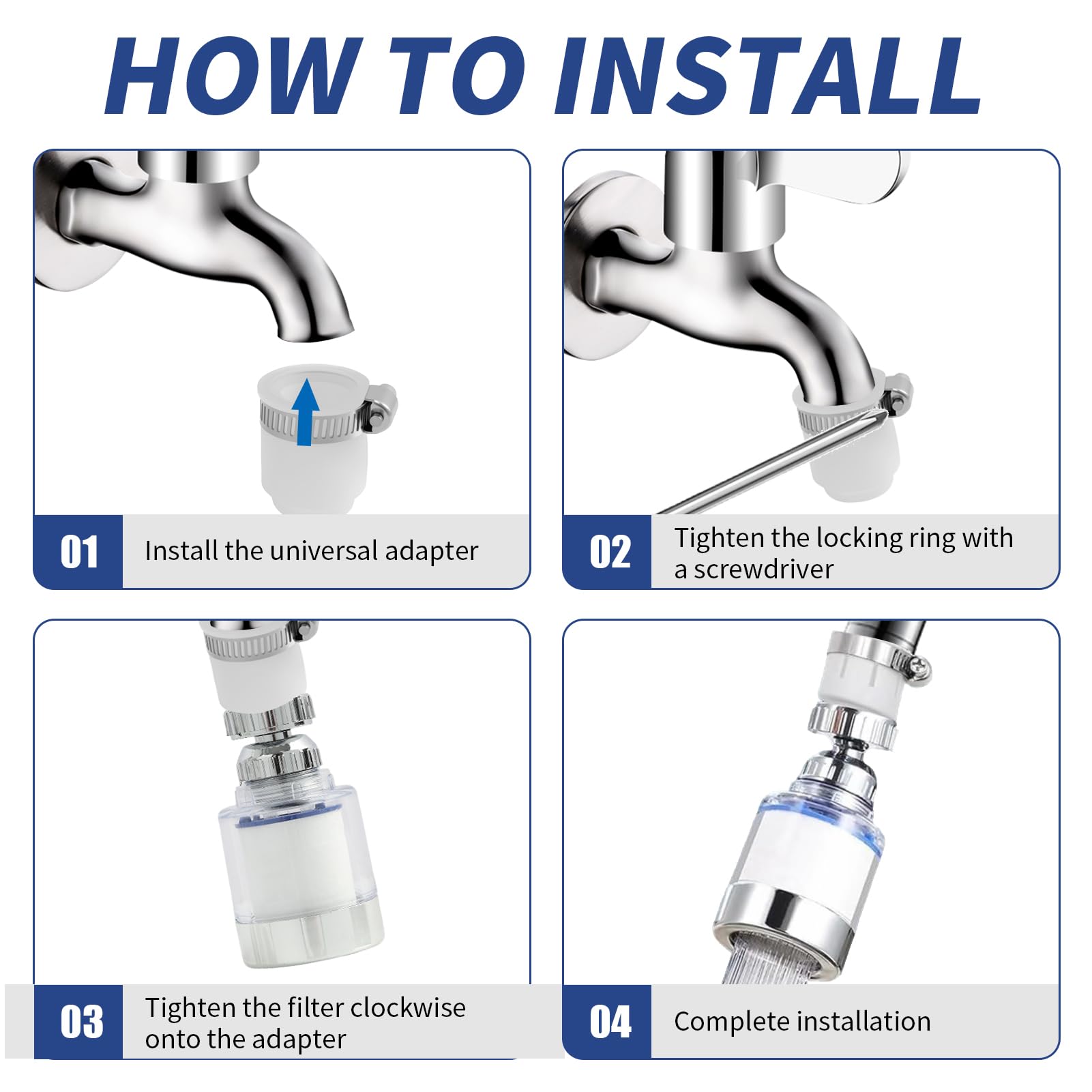 Filtro de Agua para Grifo con Adaptador Universal, Incluye 2 Cartuchos Reemplazables, Filtración de Agua de Carbono Rotatoria 360° para Eliminar Metales Pesados, Cloro, Protege la Salud Familiar