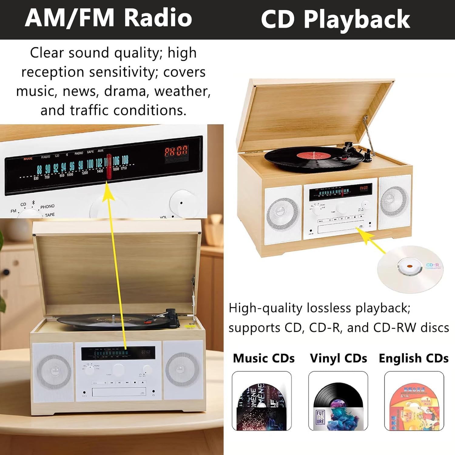 Lettore CD portatile con cassetta e radio AM/FM, uscita audio/ingresso, design compatto per uso domestico e ufficio, goditi la musica ovunque