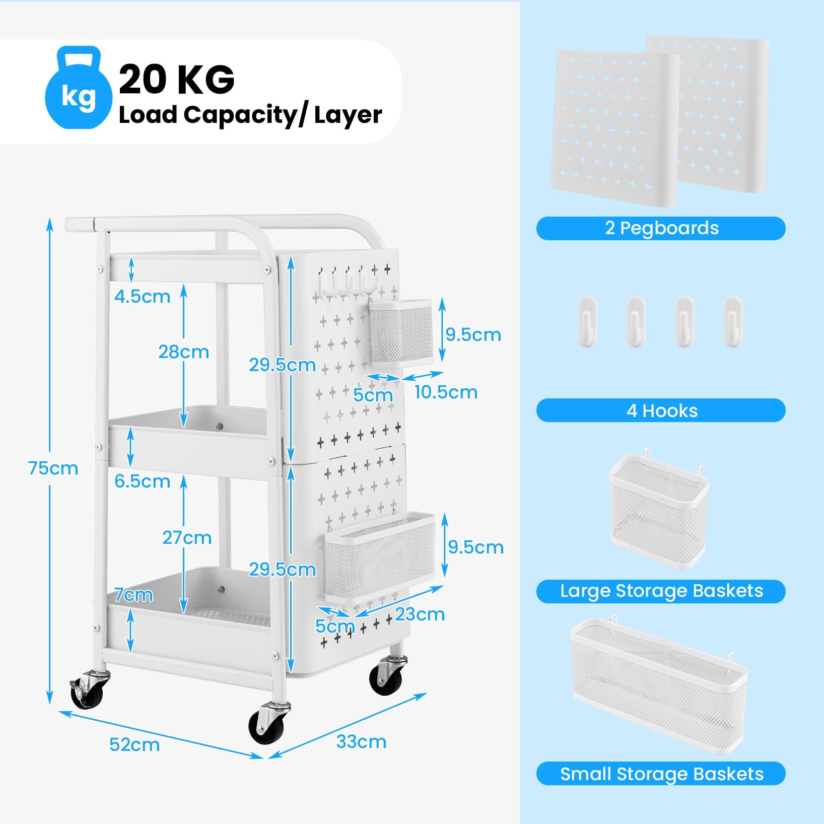 KOMFOTTEU Carro de Almacenamiento de 3 Niveles, Carrito Rodante con 2 Tablero de Clavijas, 2 Cestas y 4 Ganchos, Carro de Servicio de Metal para Cocina, Baño, Oficina, 52 x 33 x 75 cm (Blanco)