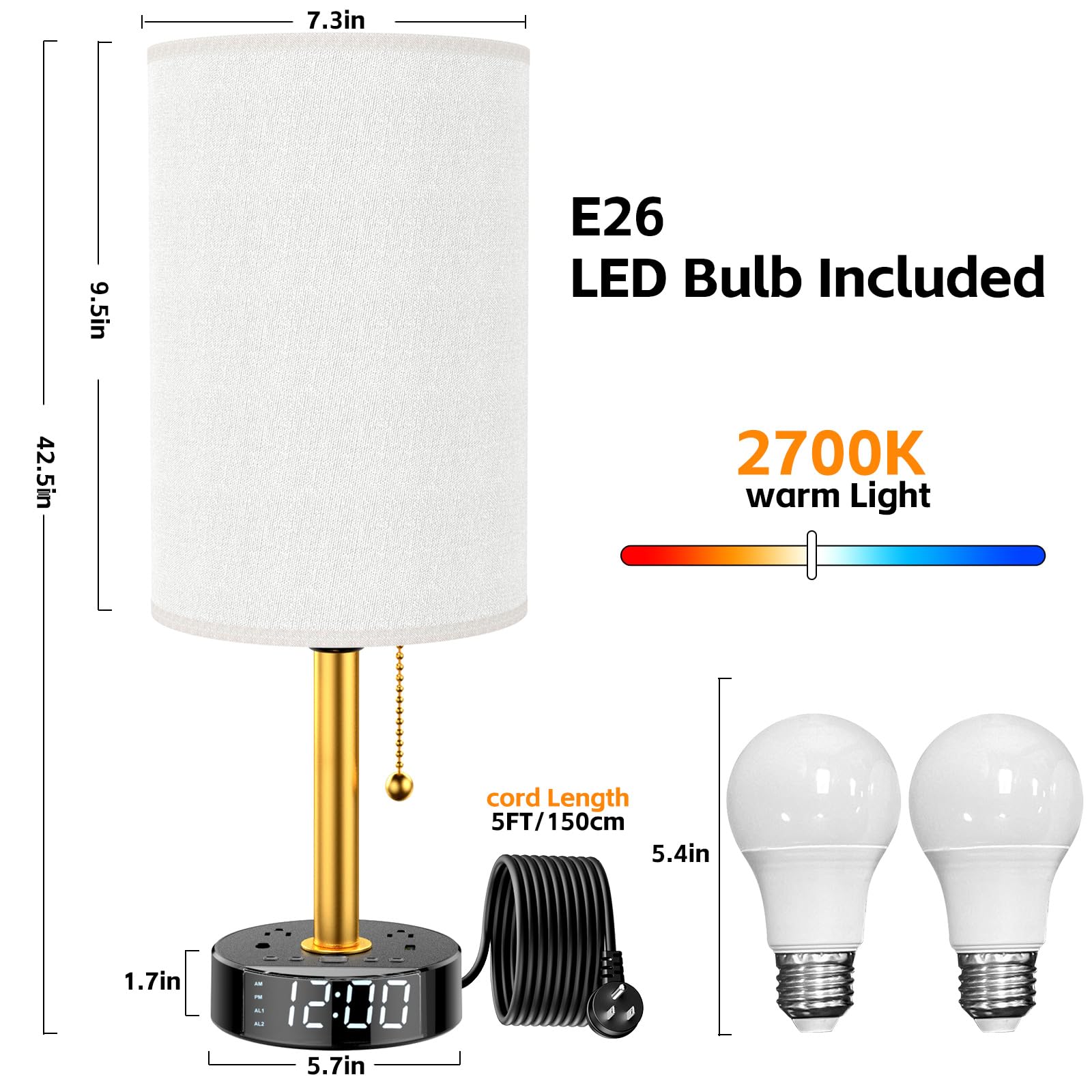 Lampada da comodino per camera da letto, lampada da tavolo con porte USB A e USB C di ricarica rapida e 2 prese di alimentazione CA, base sveglia, paralume rotondo in tessuto nero, lampada da comodino