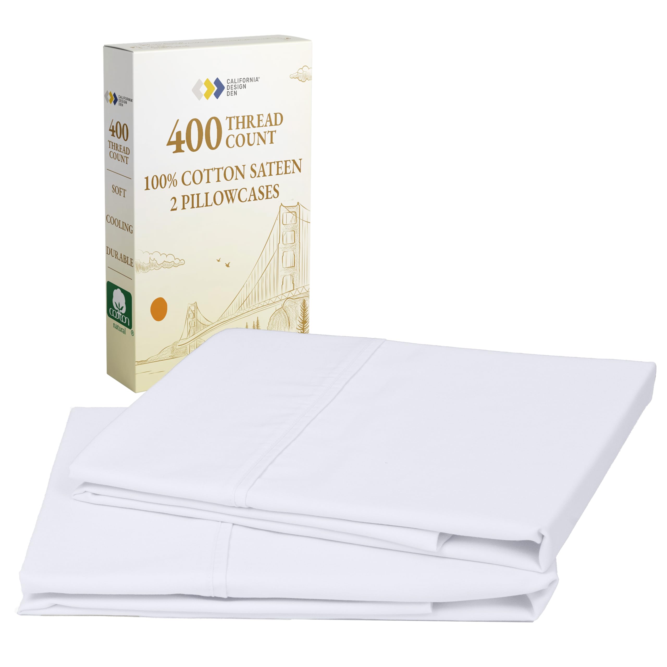 California Design Den Standard Queen Size Pillowcase Set - 400 Thread Count, 100% Cotton Sateen, Set of 2 Pillow Covers, Breathable, Cooling, Soft for Quality Sleep - Bright WhiteOEKO-TEX STANDARD 100