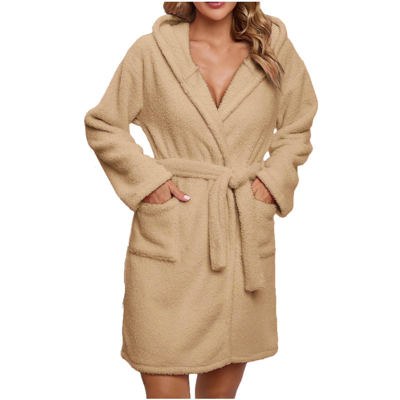 Womens Short Robe Fleece Plush Soft Cozy Warm Hooded Bathrobe Long Sleeve Warm Loungewear with Pockets and Belt