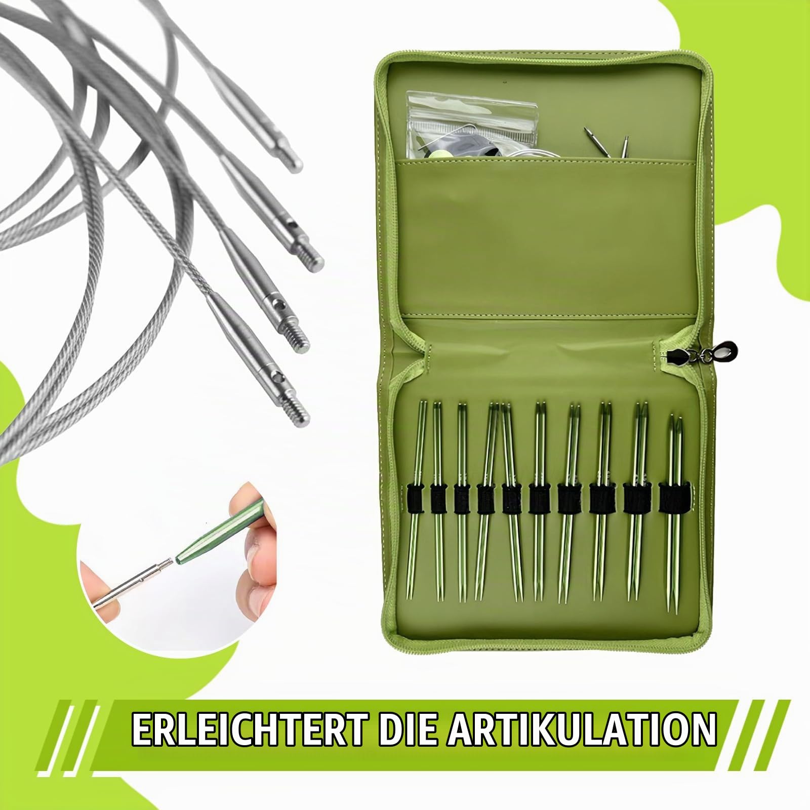 Rundstricknadeln Set, Austauschbare Stricknadeln mit Zubehör & Aufbewahrungstasche, Metall Auswechselbare Rundstricknadelspitzen mit Ergonomischen Griffen für DIY-Stricken (Grün 10 Paar)