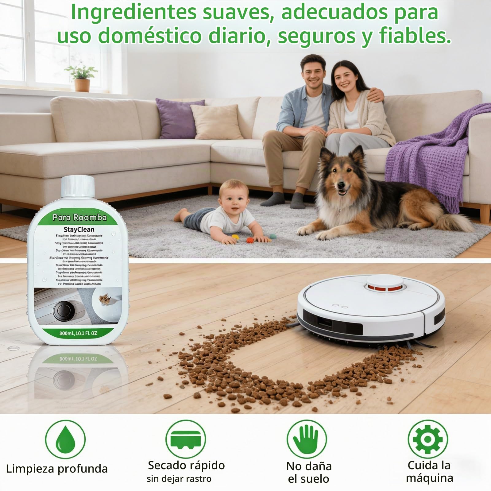 StayClean Concentrado, Limpiador for Suelos De Robot Aspirador, Solución De Fregado De Baja Espuma Compatible Con Roomba 705/505/405 Plus/Max/, Fragancia Fresca, Sin Residuos (6 x 300ml)
