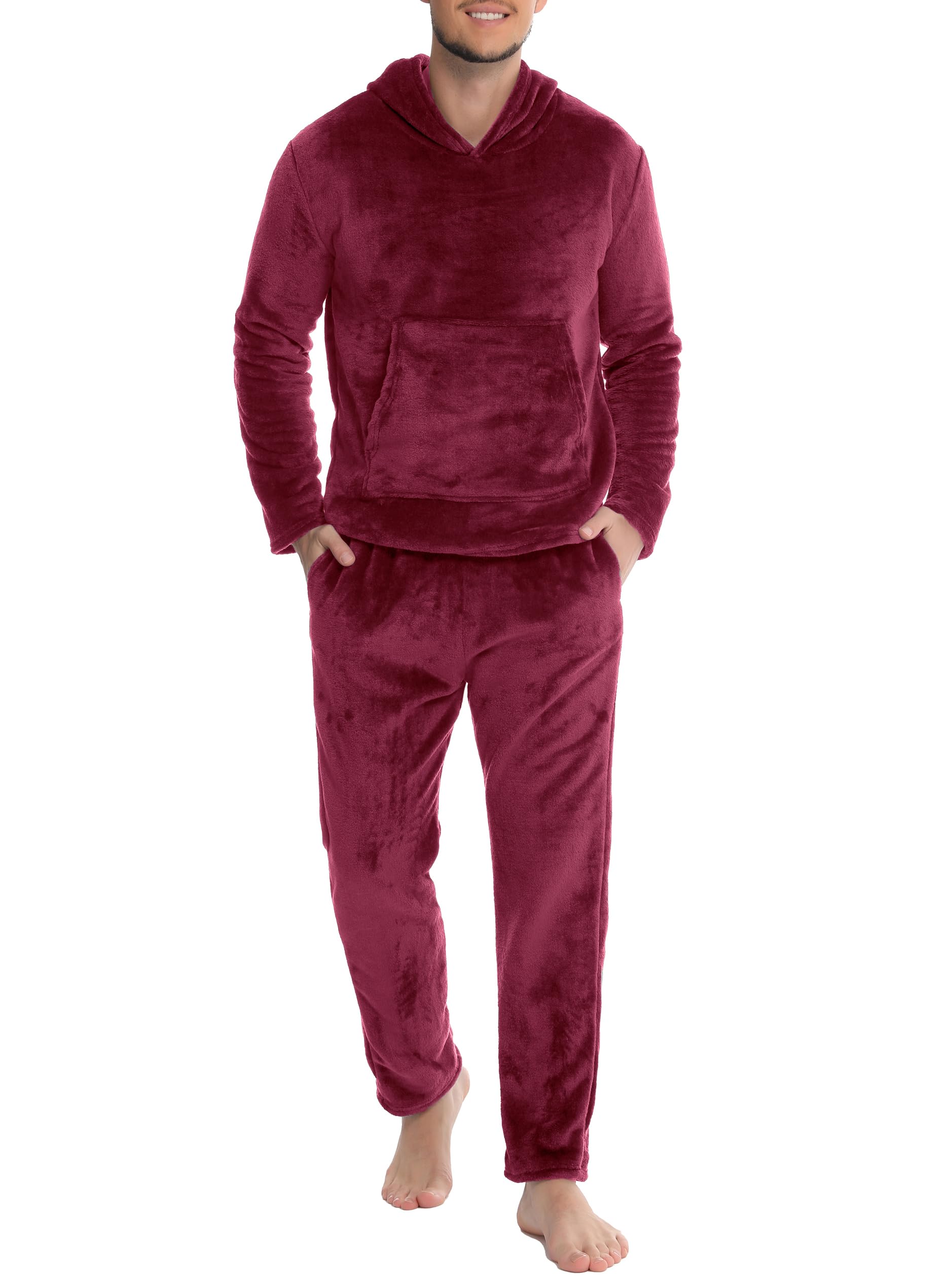 Lovasy Schlafanzug Herren Lang Warm Winter Fleece Pyjama mit Kapuzen Flanell Schlafanzüge für Herren mit Taschen