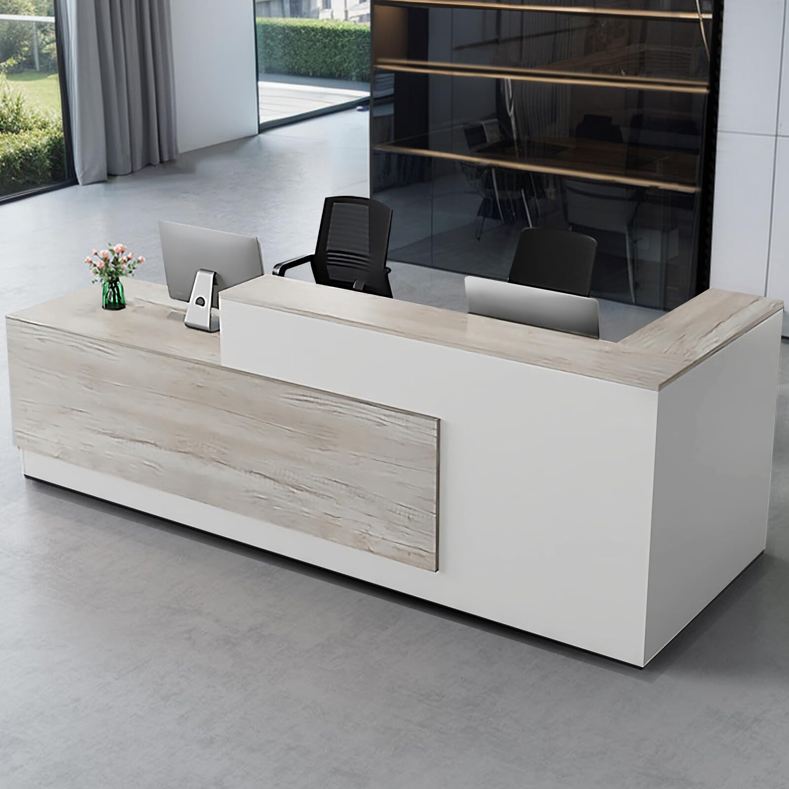 Modern L-Shaped Reception Desk with Hutch, Reception Counter Table, Lockable Drawer Door Cabinet, Office Wooden Computer Front Desk (Oak+Warm White-Right Cabinet, 70.87" L*23.62" W*41.34" H)