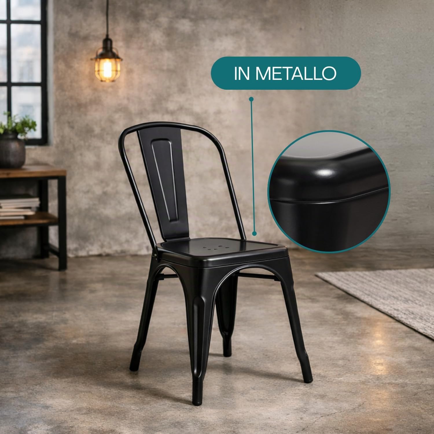 PALUPLUS Set 4 Sedie Industry in metallo di colore Nero, Misura 45x40x85 cm, Sedia da pranzo con Schienale, Impilabili e con Gommini Antiscivolo, per Esterno ed Interno, Portata Max 150 Kg -16 - F