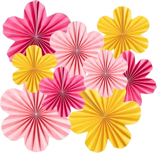 Paper Flowers Decorations for Wall 9 Pieces Paper Fans Pink Party Decor Classroom Decoration Paper Floral Backdrop Decoration Hanging Paper Fans Flower for Bithday Wall Decor