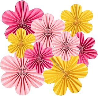 SUNBEAUTY Paper Flowers Decorations for Wall, Paper Flower Fan Classroom Decoration Paper Floral Backdrop Decor Paper Fans Decoration Hanging Paper Fans Pink Yellow Flower Wall Decor