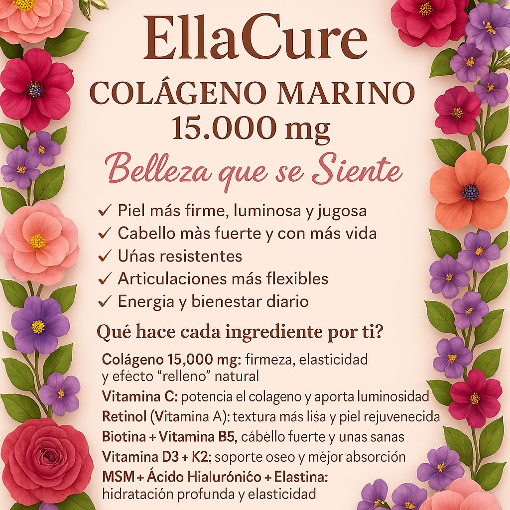 Collagene Marino Idrolizzato 15000 mg + Acido Ialuronico + Retinolo + Elastina + Vitamina C Pelle più soda e luminosa capelli forti e articolazioni sane, Aiuta a rallentare i segni dell’invecchiamento