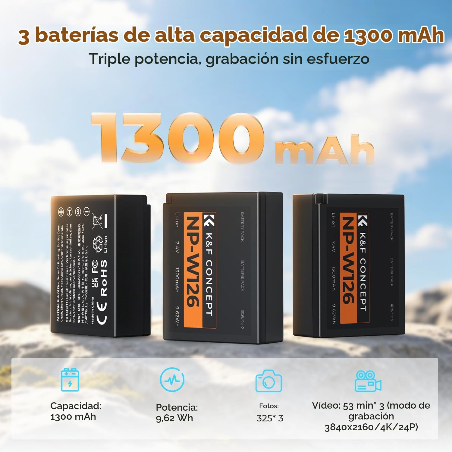 K&F CONCEPT NP-W126 NP-W126S Batería de cámara (paquete de 3) con cargador PD de 20W Compatible con Fujifilm XT30 III/XM5/X100VI/X100V/XS10/XT30/XT30 II/XT20/XE4/A5