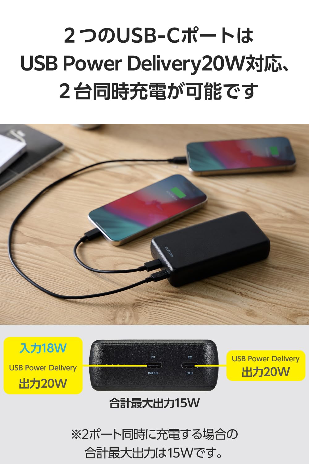 Amazon | エレコム モバイルバッテリー 20000mAh 20W USB PD対応 2