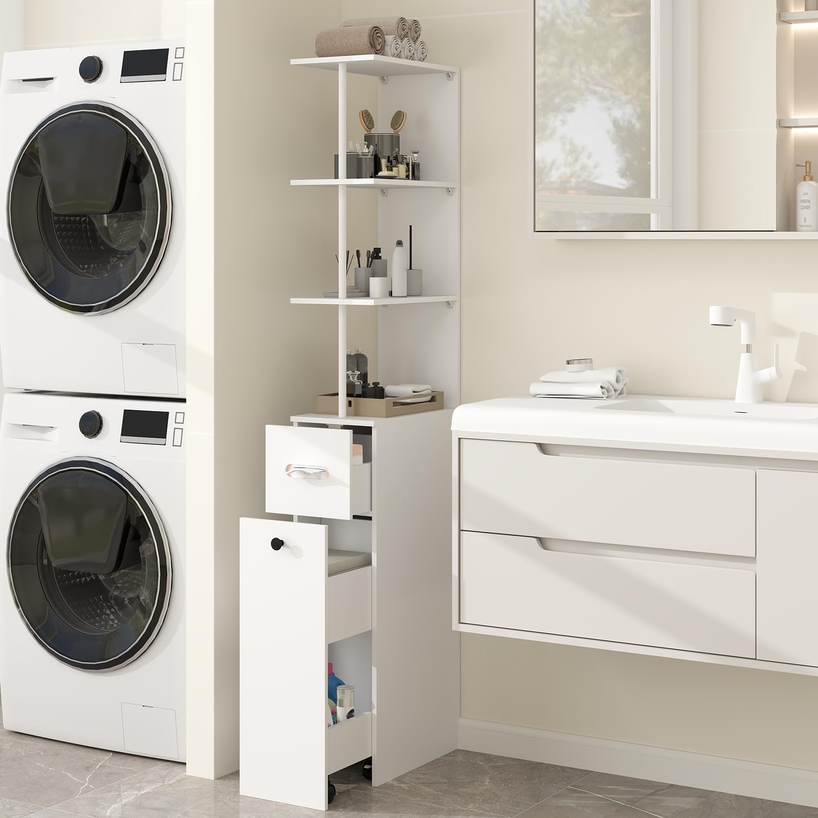 YU YUSING Mobiletto Bagno Salvaspazio Stretto 23cm, Mobile Bagno Alto 167cm | con 2 Cassetti e Ruote, Colonna Bagno con Ripiano Portaoggetti, Armadietto Bagno per WC, 3 Scomparti Aperti, Bianco