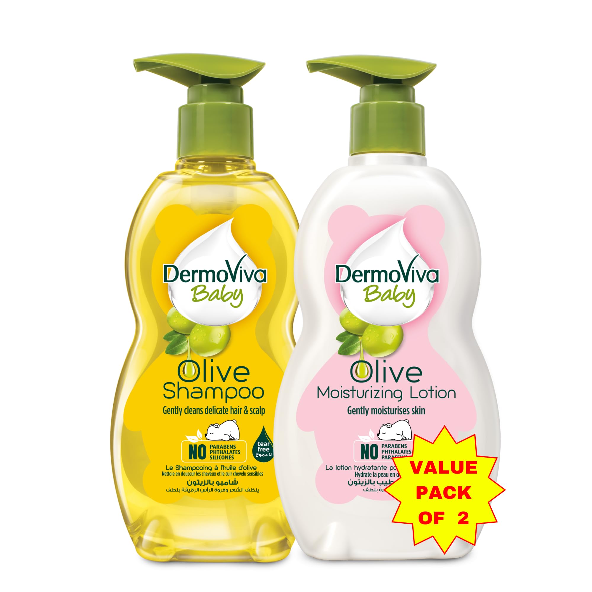 Dermoviva Baby Olive Oil Gentle Shampoo + Moisturizing Lotion (2 x 500ml) | pH 5.5-6 | Gentle Cleanser & Moisturizer with No Tear Formula | No Paraben, Paraffins, Sulfate & Phthalates
