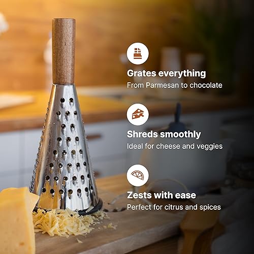 Miniatura 3 de Rallador de queso cono de acero inoxidable de 10 pulgadas con mango de madera, triturador de verduras de tres caras para rallar queso, zanahorias,