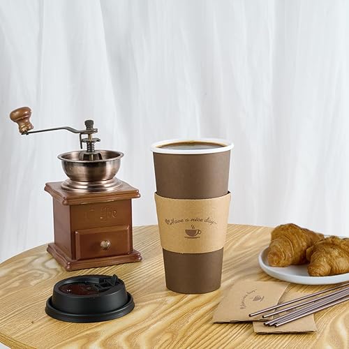 Miniatura 5 de LITOPAK Paquete de 100 tazas de café de papel de 20 onzas, tazas de café desechables marrones con tapas, mangas, palos, tazas para beber café