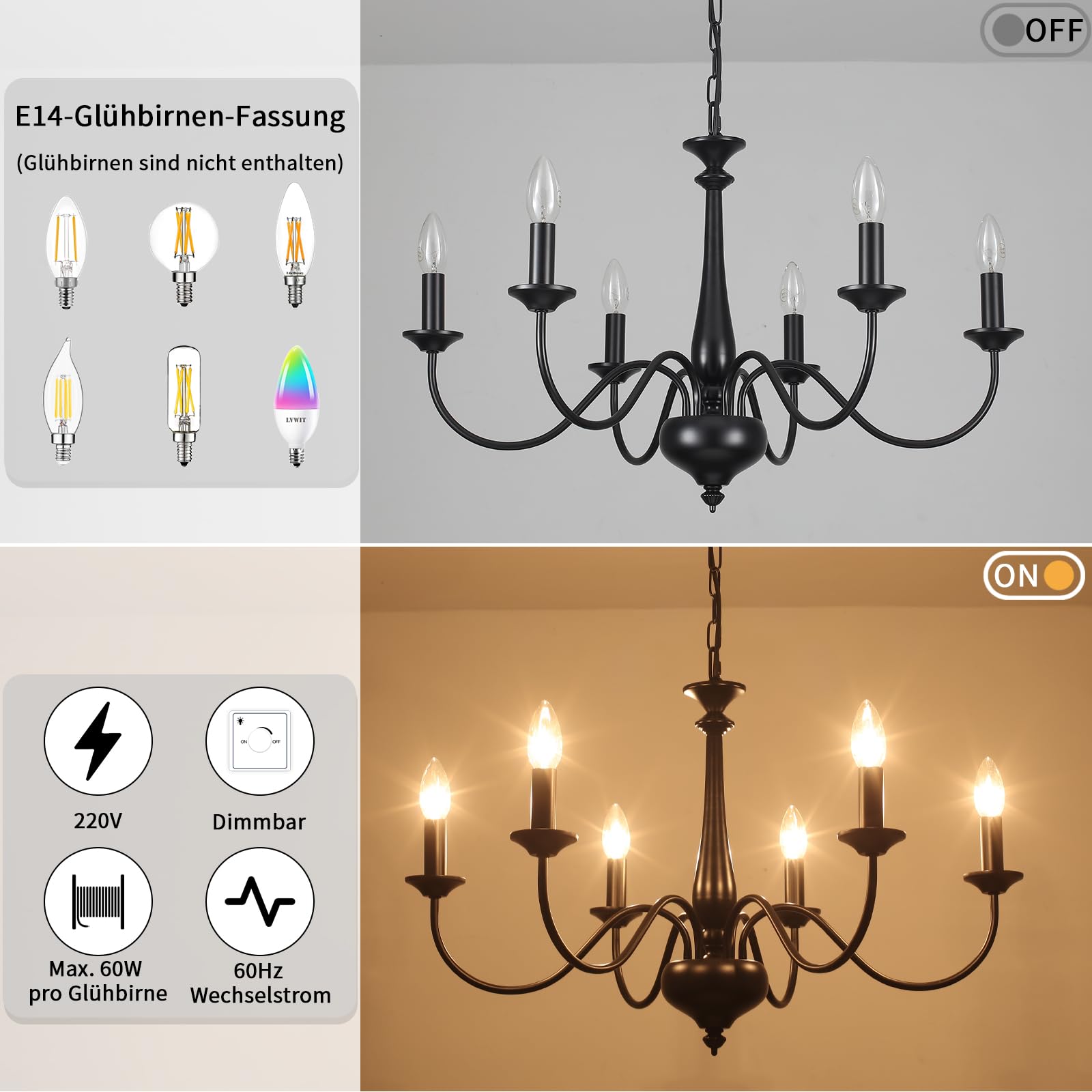 Lampadario Sospensione 6 Luci Nero Industrial Rustico, Lampada Vintage per Soggiorno Cameretta Cucina Sala da Pranzo, E14