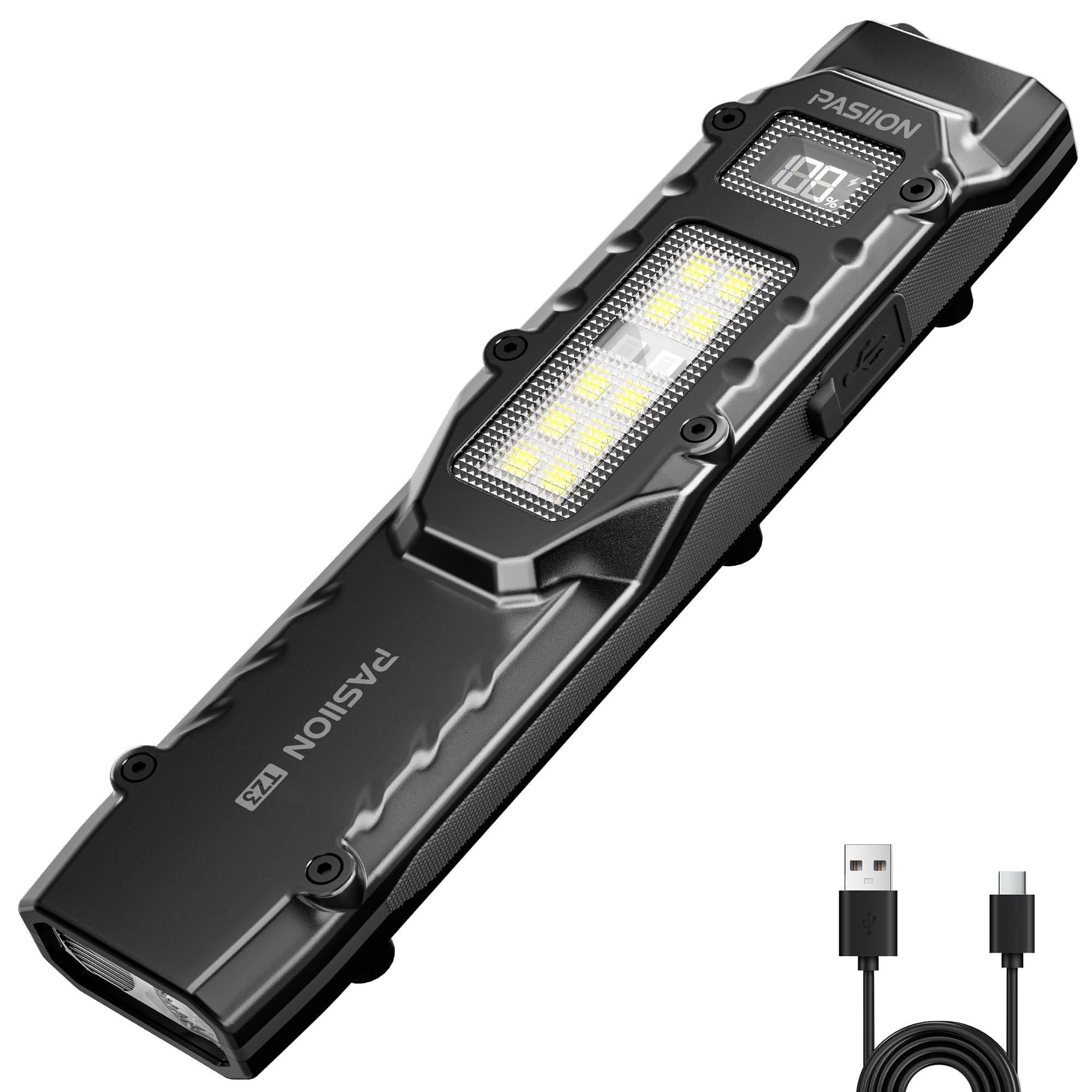 PASIION Taschenlampe LED Aufladbar,Taschenlampe Extrem Hell 1500 Lumen, Flach Taktische Taschenlampe Klein EDC mit Doppelschalter & Digitaler Anzeige, 9 Lichtmodi für Alltag，Camping & Notfälle